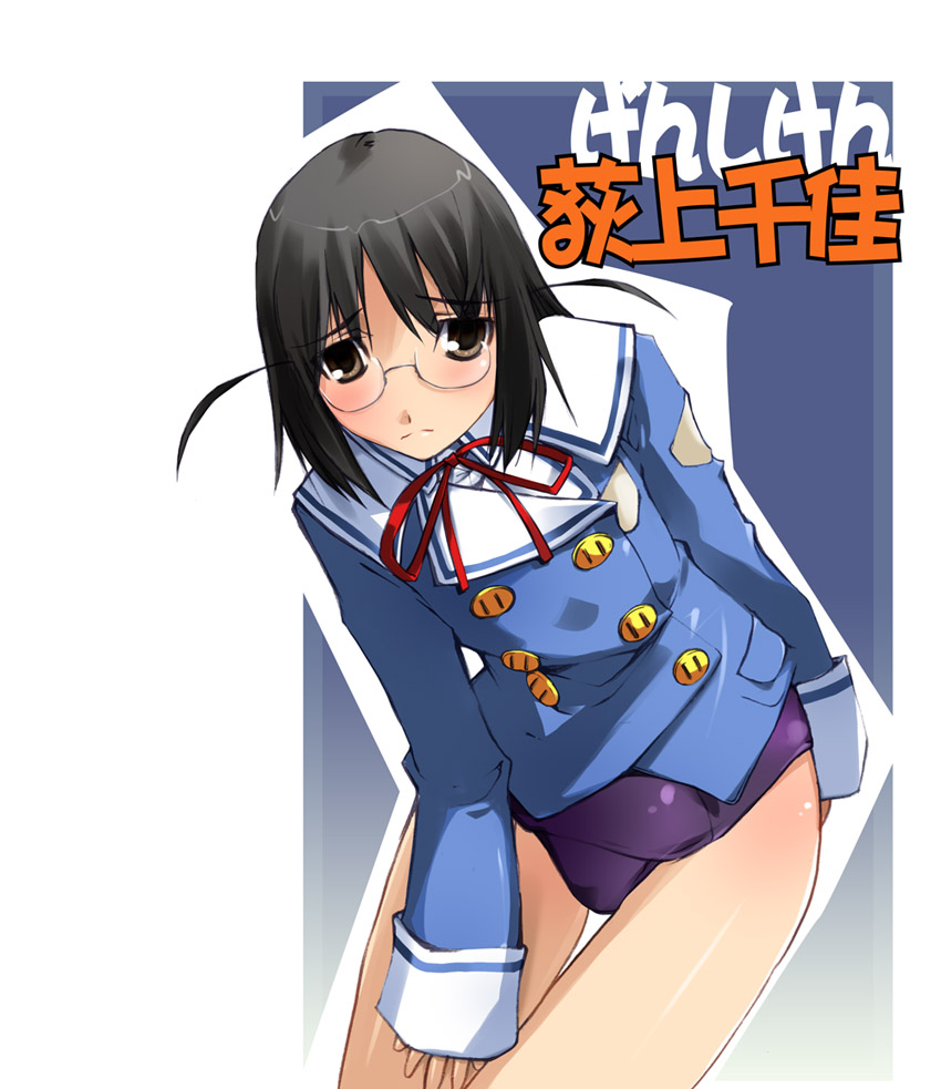 nagare hyougo, kamishakujii renko, ogiue chika, genshiken, kujibiki unbalance, 1girl, cosplay, female focus, kamishakujii renko (cosplay), one-piece swimsuit, purple one-piece swimsuit, purple school swimsuit, school swimsuit, solo, swimsuit