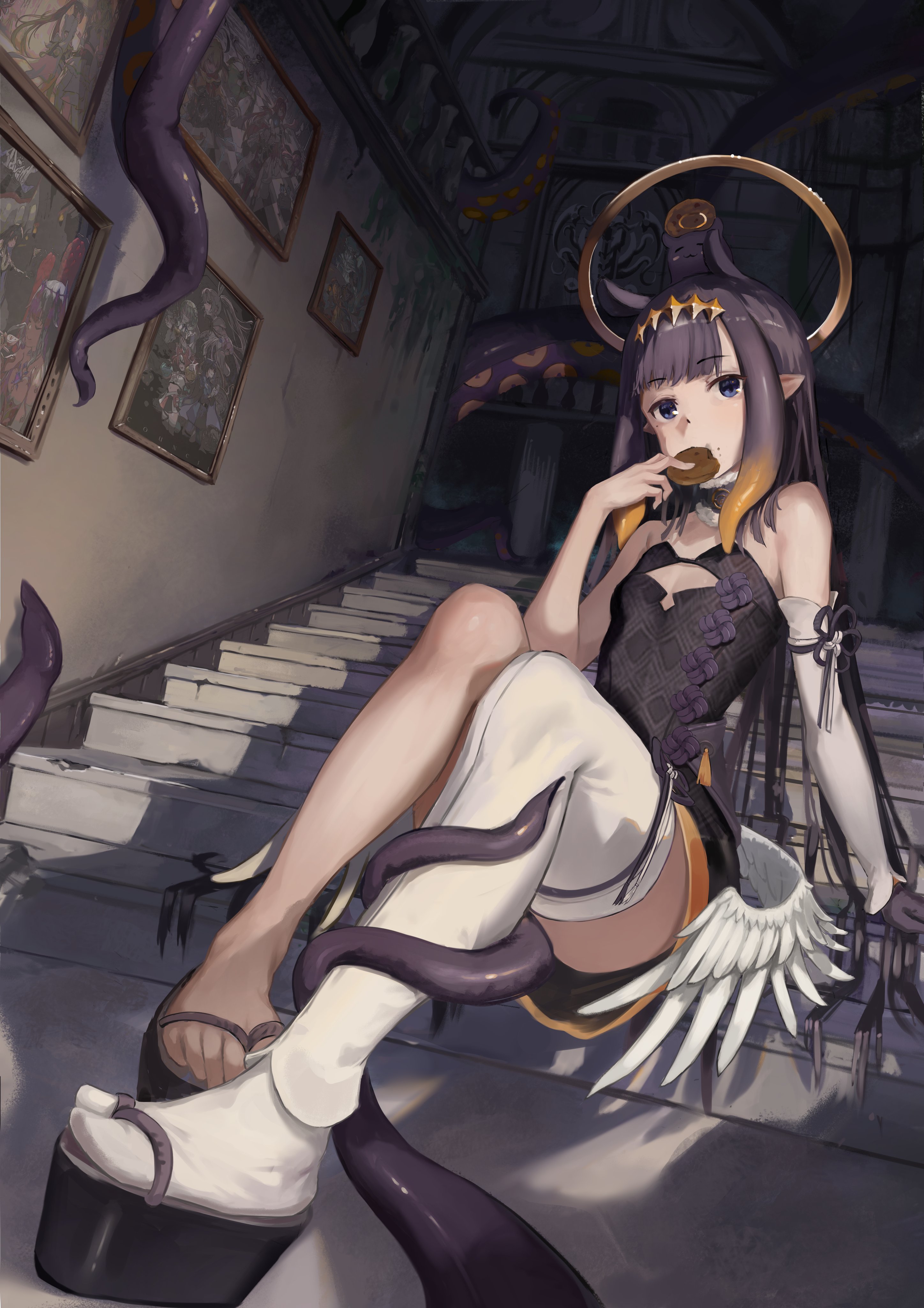 bluehead white dragon, cecilia immergreen, ceres fauna, elizabeth rose bloodflame, gigi murin, hakos baelz, koseki bijou, nanashi mumei, nerissa ravencroft, ninomae ina'nis, ninomae ina'nis (1st costume), ouro kronii, raora panthera, takodachi (ninomae ina'nis), hololive, hololive english, absurdres, commentary, highres, 1girl, :3, = =, arm support, black dress, black gloves, blue eyes, breasts, chocolate chip cookie, clothing cutout, cookie, cutout above navel, detached sleeves, diamond hairband, dress, eating, feathered wings, feet, food, foreshortening, fur-trimmed collar, fur trim, gloves, gradient hair, halo, indoors, long hair, looking at viewer, low wings, mole, mole under eye, multicolored hair, okobo, orange hair, photo (object), picture frame, platform sandals, pointy ears, purple hair, sandals, sidelocks, single detached sleeve, single glove, single thighhigh, sitting, small breasts, solo, stairs, strapless, strapless dress, tentacle hair, tentacles, thighhighs, toes, traditional halo, two-tone hair, very long hair, virtual youtuber, white sleeves, white thighhighs, white wings, wings, yellow halo