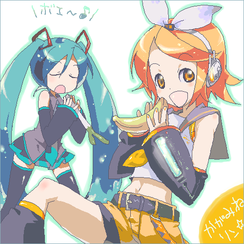 hatsune miku, kagamine rin, vocaloid, lowres, 2girls, aqua hair, banana, blouse, food, fruit, holding, holding food, holding fruit, long hair, multiple girls, oekaki, shirt, short shorts, shorts, thighhighs, twintails, very long hair, white shirt