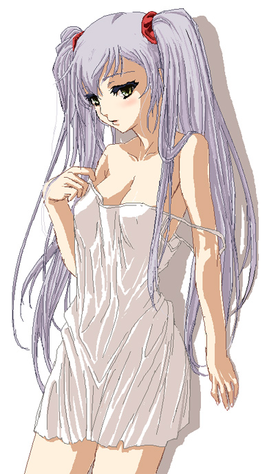 kirisato itsuki, hoshino ruri, kidou senkan nadesico, kidou senkan nadesico – prince of darkness, 1990s (style), 1girl, bare shoulders, blush, chemise, female focus, off shoulder, retro artstyle, solo, strap slip, twintails