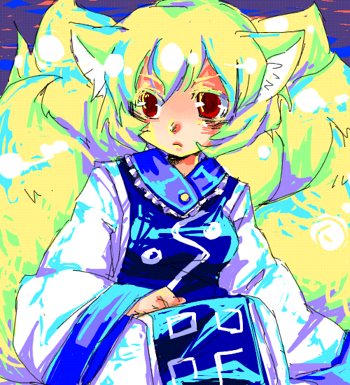 ono mochiko, yakumo ran, touhou, 1girl, animal ears, blonde hair, blush, female focus, fox ears, multiple tails, red eyes, short hair, solo, tabard, tail