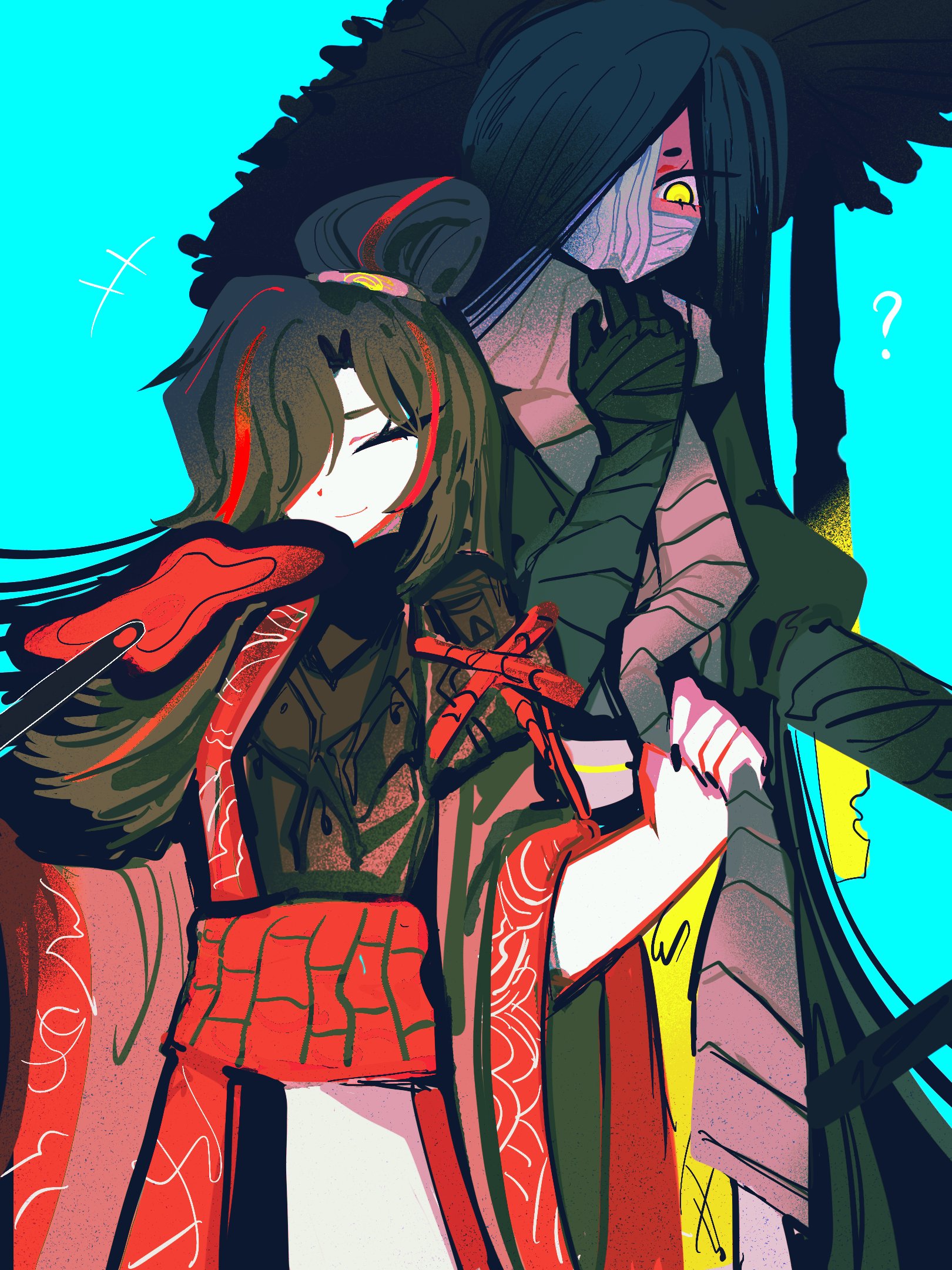 zigong (project moon), zilu (project moon), limbus company, project moon, highres, 2girls, bandage over one eye, bandages over mouth, black hair, black hanfu, blue background, chinese clothes, closed eyes, conical hat, dark-skinned female, dark skin, grey scarf, hair bun, hair over one eye, hand fan, hanfu, holding, holding fan, long hair, long sleeves, looking at viewer, multicolored hair, multiple girls, one eye covered, red sash, red streaks, sash, scarf, seasluggll, simple background, standing, streaked hair, upper body, yellow eyes