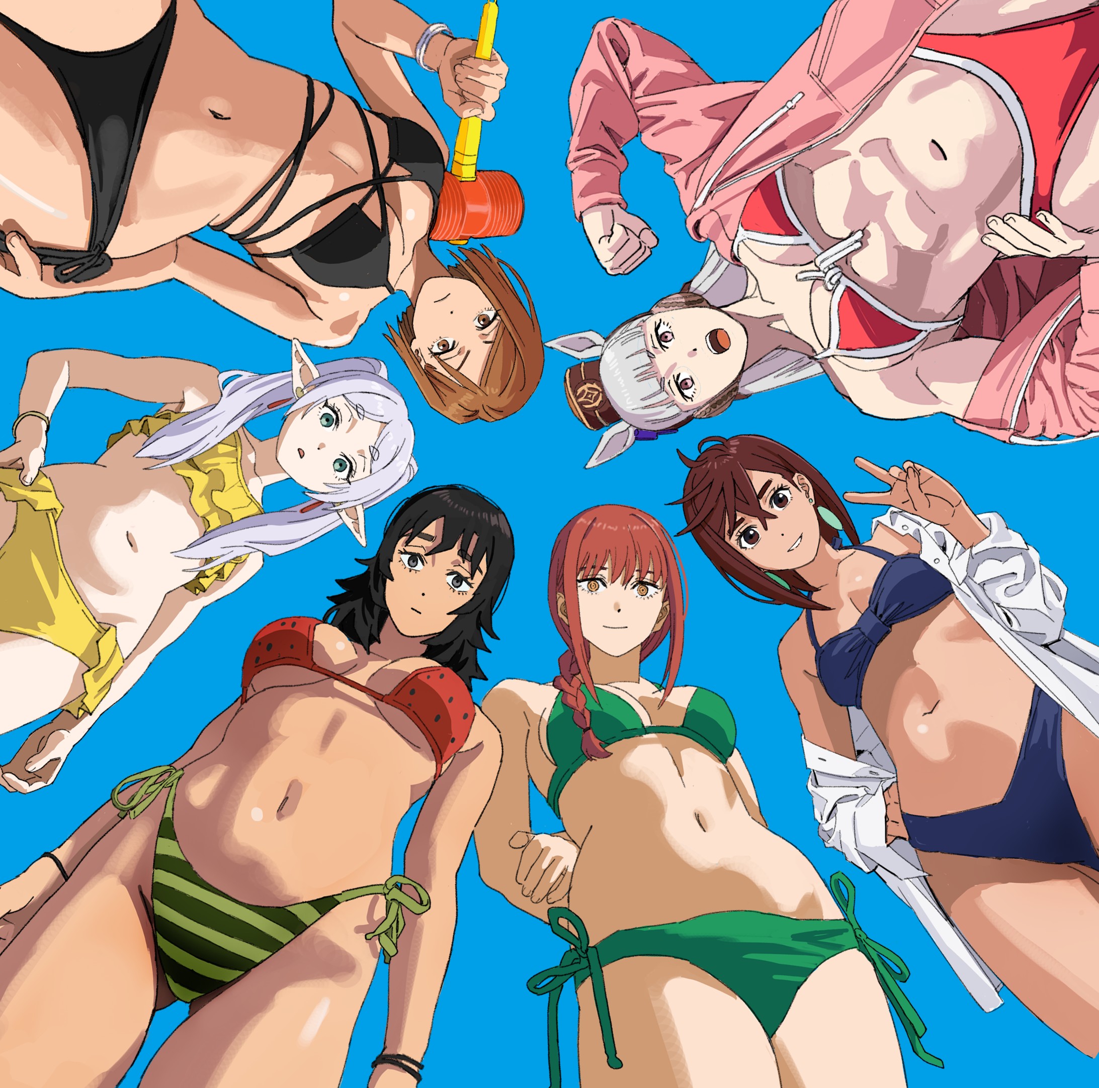 shiren (ourboy83), anya (mouthwashing), ayase momo, frieren, gold ship (umamusume), kugisaki nobara, makima (chainsaw man), chainsaw man, dandadan, jujutsu kaisen, mouthwashing, sousou no frieren, umamusume, highres, 6+girls, alternate costume, arms behind back, bare arms, bare shoulders, bikini, black bikini, black hair, blue bikini, blue sky, blunt bangs, breasts, brown eyes, brown hair, clenched hand, closed mouth, crossed bangs, double-parted bangs, frilled bikini, frills, from below, green bikini, green eyes, hair between eyes, hand on own hip, holding, holding mallet, jacket, large breasts, long braid, long hair, looking at viewer, looking down, mallet, mismatched bikini, multiple girls, muscular, muscular female, navel, open clothes, open mouth, open shirt, parted lips, pink jacket, purple eyes, red bikini, red hair, shirt, short hair, sidelocks, simple background, sky, smile, stomach, striped bikini, striped clothes, swimsuit, toy hammer, twintails, v, white bikini, white hair, white shirt, yellow bikini, yellow eyes