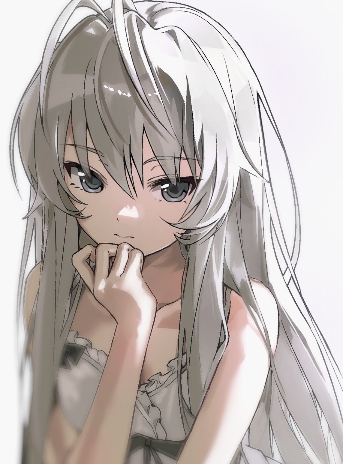 ike 0910, kasugano sora, yosuga no sora, highres, 1girl, antenna hair, blurry, closed mouth, expressionless, grey eyes, grey hair, long hair, looking at viewer, simple background, solo, upper body, white background