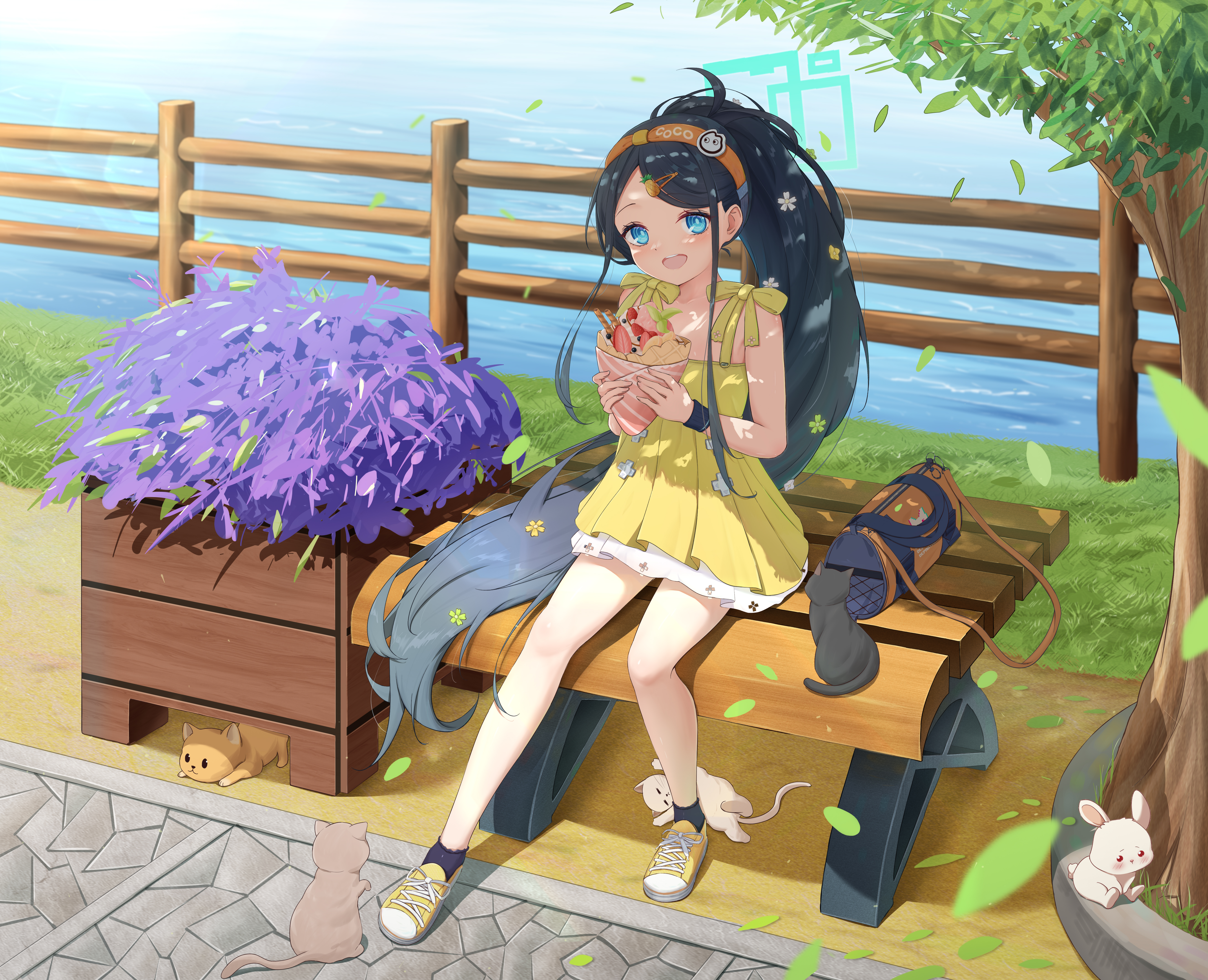 karen neco, aris (blue archive), blue archive, absurdres, commentary, highres, making-of available, 1girl, animal, aqua eyes, bag, bench, black hair, black socks, black wrist cuffs, blush, bow, breasts, bright pupils, cat, collarbone, crepe, dress, falling leaves, fence, flower, food, food-themed hair ornament, forehead, full body, hair flower, hair ornament, hairband, hairclip, holding, holding crepe, holding food, holding ice cream, ice cream, ice cream crepe, leaf, long hair, long sidelocks, looking at viewer, official alternate hairstyle, on bench, open mouth, orange hairband, outdoors, park bench, parted bangs, pineapple hair ornament, ponytail, rabbit, ringed eyes, shade, shoes, sidelocks, sitting, sleeveless, sleeveless dress, small breasts, smile, socks, solo, teeth, tree, tree shade, unworn bag, upper teeth only, very long hair, wooden fence, wrist cuffs, yellow bow, yellow dress, yellow shoes