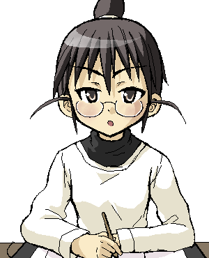 ogiue chika, genshiken, lowres, 00s, black hair, brown eyes, glasses, oekaki, open mouth, short hair, simple background, solo, white background