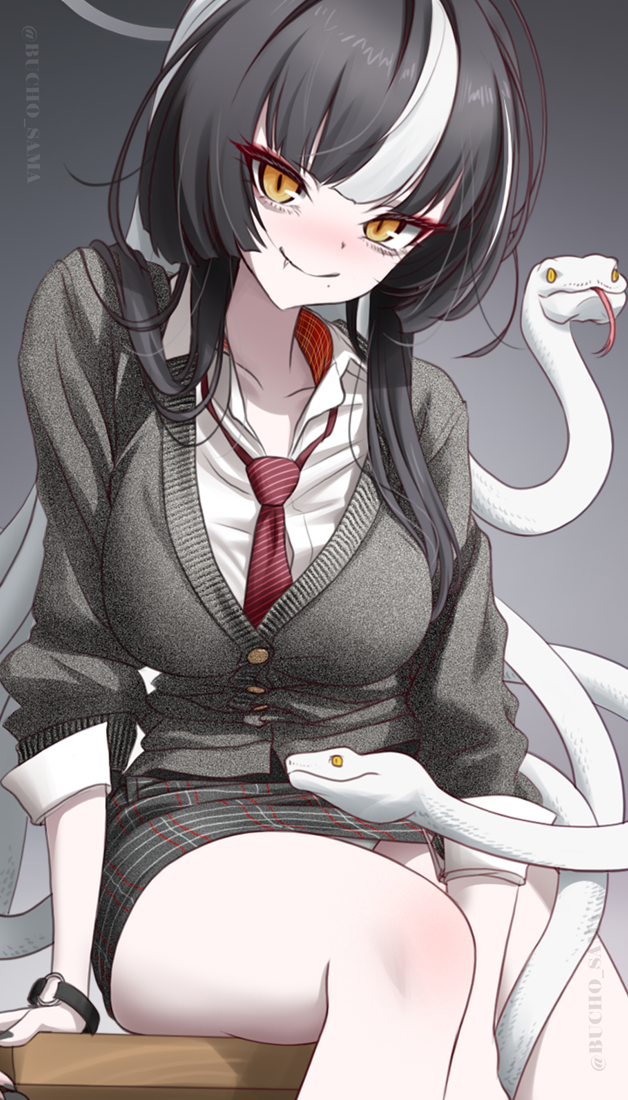 bucho sama, azami (blue archive), blue archive, absurdres, commentary request, highres, korean commentary, mixed-language commentary, 1girl, alternate costume, bag, black hair, blush, candy, cardigan, closed mouth, desk, fang, food, green cardigan, green skirt, grey halo, halo, long hair, multicolored hair, necktie, no shoes, on desk, panties, pencil skirt, plaid clothes, plaid skirt, plastic bag, red necktie, school uniform, shirt, sitting, skirt, smile, snake, socks, solo, two-tone hair, underwear, white hair, white panties, white shirt, white snake, white socks, yellow eyes