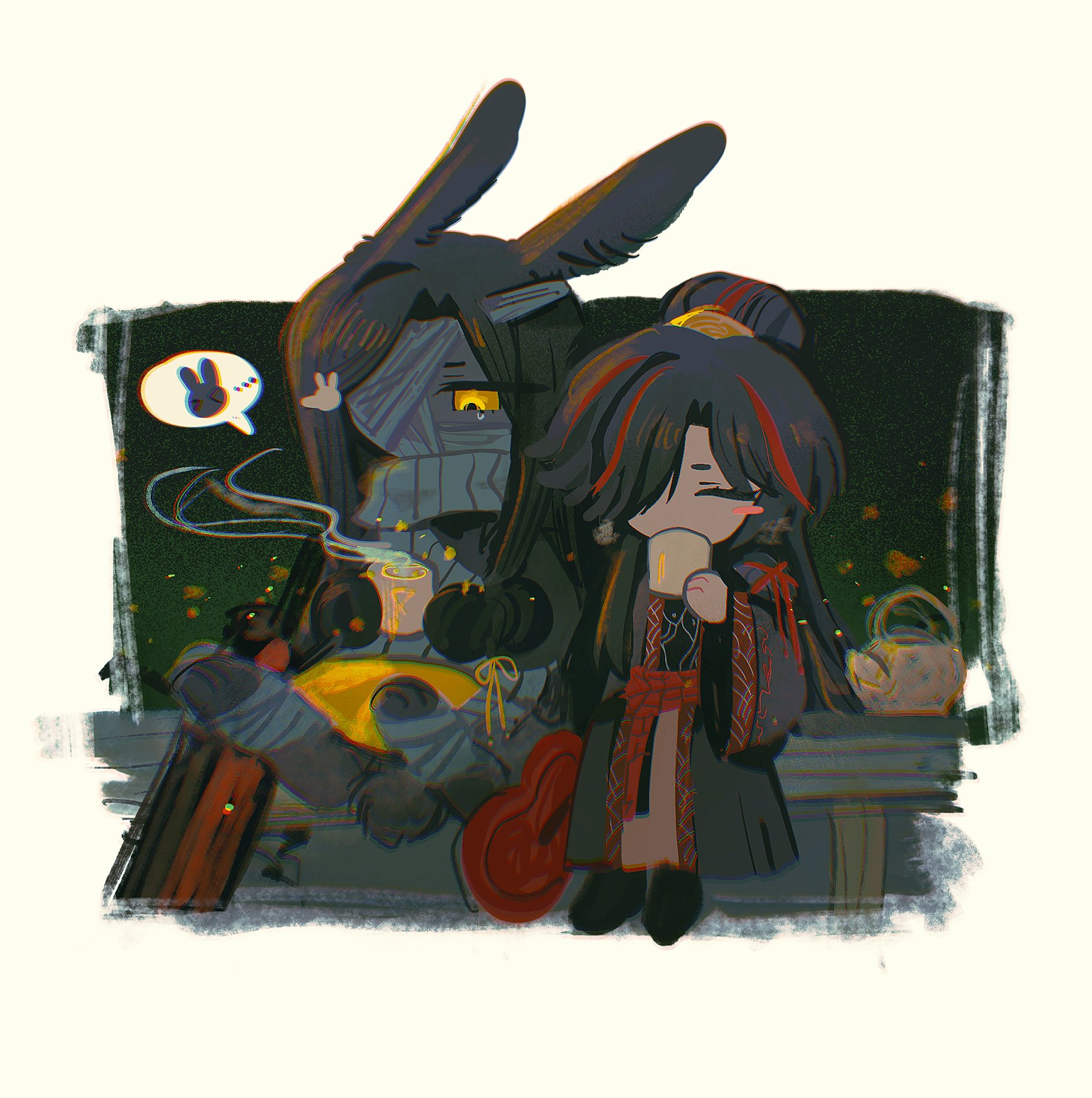 zigong (project moon), zilu (project moon), limbus company, project moon, highres, 2girls, animal ears, animal feet, bandage over one eye, bandages over mouth, black hair, black hanfu, blush stickers, chibi, chinese clothes, closed eyes, dark-skinned female, dark skin, full body, grey scarf, hair bun, hair over one eye, hand fan, hanfu, long hair, long sleeves, looking at object, looking at viewer, multicolored hair, multiple girls, rabbit ears, rabbit girl, rabbit pin, rabbit tail, red streaks, scarf, seasluggll, simple background, single blush sticker, sitting, streaked hair, tail, white background, yellow eyes
