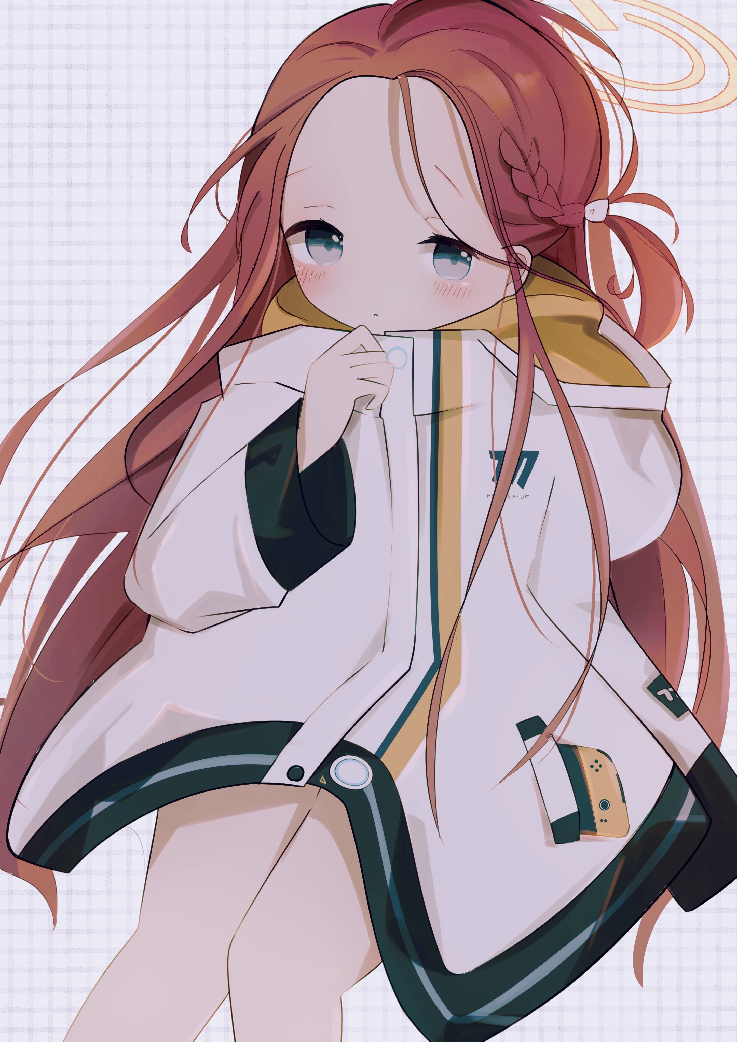 vonvondx, yuzu (blue archive), blue archive, absurdres, commentary, highres, 1girl, :<, barefoot, blue eyes, blush, bow, braid, closed mouth, forehead, halo, hand up, jacket, long hair, long sleeves, looking at viewer, orange halo, plaid background, red hair, solo, very long hair, white background, white jacket