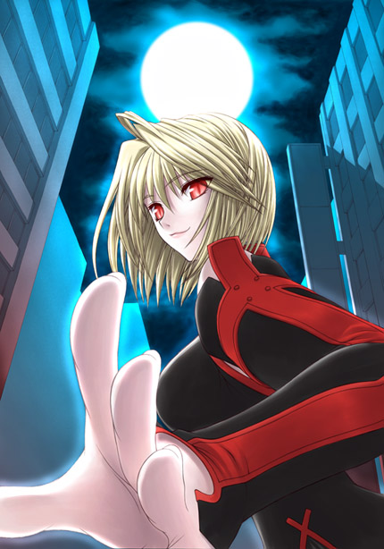 mahitovii, arcueid brunestud, tsukihime, 00s, 1girl, blonde hair, female focus, full moon, moon, night, red eyes, short hair, slit pupils, smile, solo