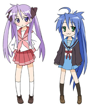 eunos, hiiragi kagami, izumi konata, kyonko, lucky star, suzumiya haruhi no yuuutsu, lowres, 2girls, cosplay, kyonko (cosplay), mole, mole under eye, multiple girls, ponytail, school uniform, serafuku