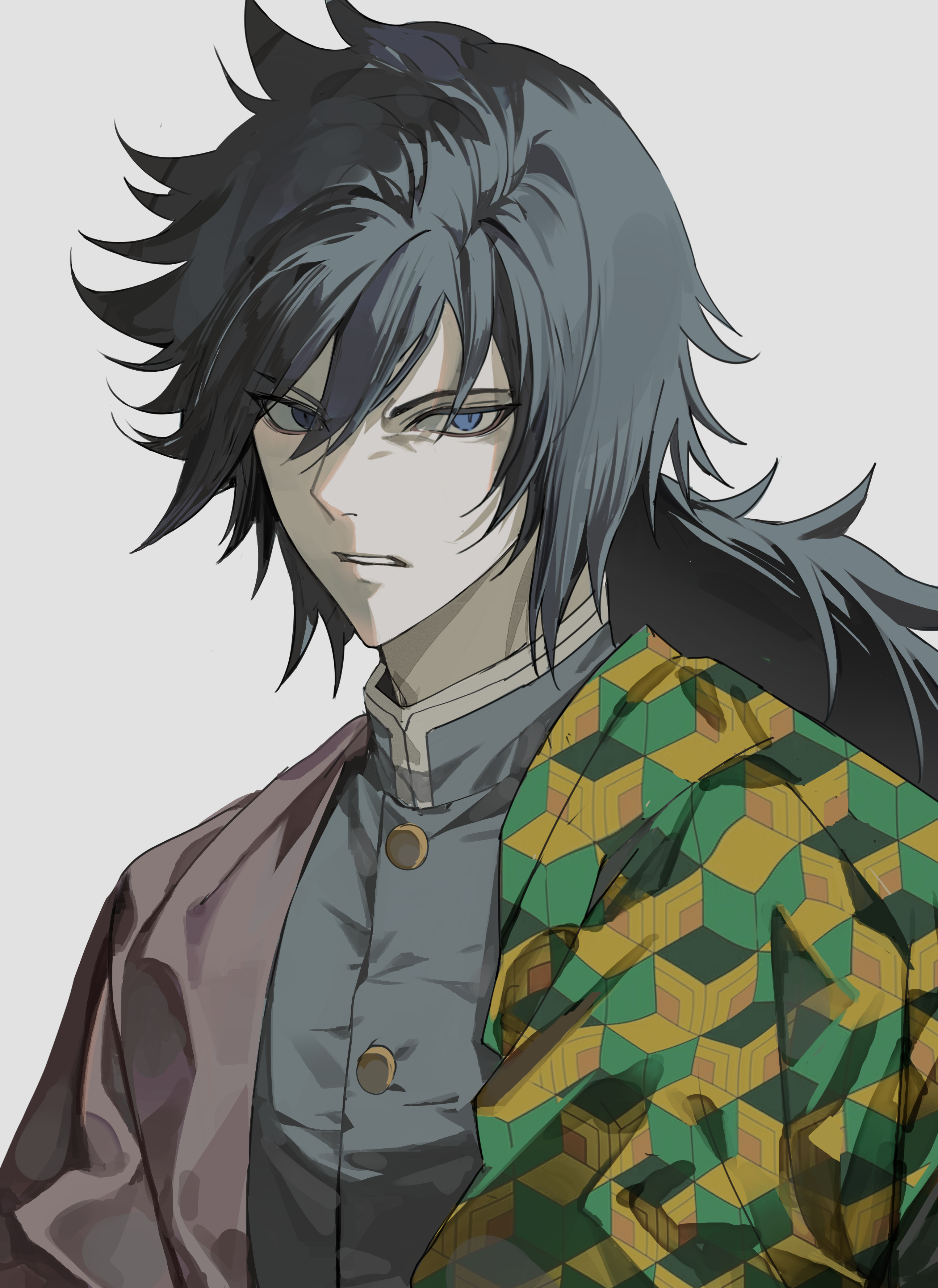 tomioka giyuu, kimetsu no yaiba, absurdres, highres, 1boy, black hair, black jacket, blue eyes, buttons, clenched teeth, demon slayer uniform, dogang 123, gold buttons, hair between eyes, haori, jacket, japanese clothes, kikkoumon, looking at viewer, low ponytail, male focus, ponytail, print haori, simple background, solo, spiked hair, teeth, upper body, white background