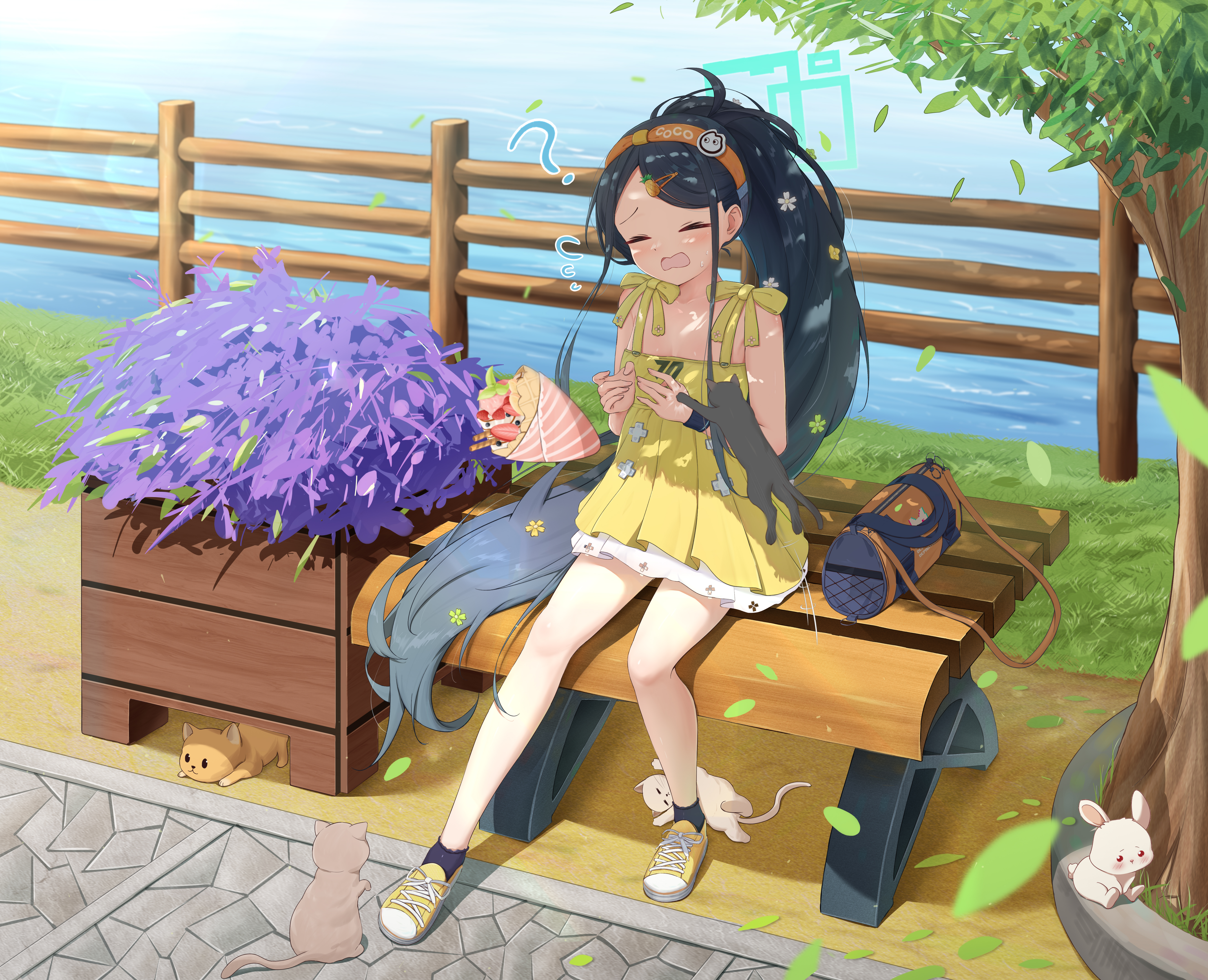 karen neco, aris (blue archive), blue archive, absurdres, commentary, highres, making-of available, 1girl, ?, animal, bag, bench, black cat, black hair, black socks, black wrist cuffs, blush, bow, breasts, cat, closed eyes, collarbone, crepe, dress, dropping, falling leaves, fence, flower, food, food-themed hair ornament, forehead, full body, hair flower, hair ornament, hairband, hairclip, ice cream, ice cream crepe, jumping, leaf, long hair, long sidelocks, official alternate hairstyle, on bench, open mouth, orange hairband, outdoors, park bench, parted bangs, pineapple hair ornament, ponytail, rabbit, shade, shoes, sidelocks, sitting, sleeveless, sleeveless dress, small breasts, socks, solo, sweat, tree, tree shade, unworn bag, very long hair, wavy mouth, wooden fence, wrist cuffs, yellow bow, yellow dress, yellow shoes