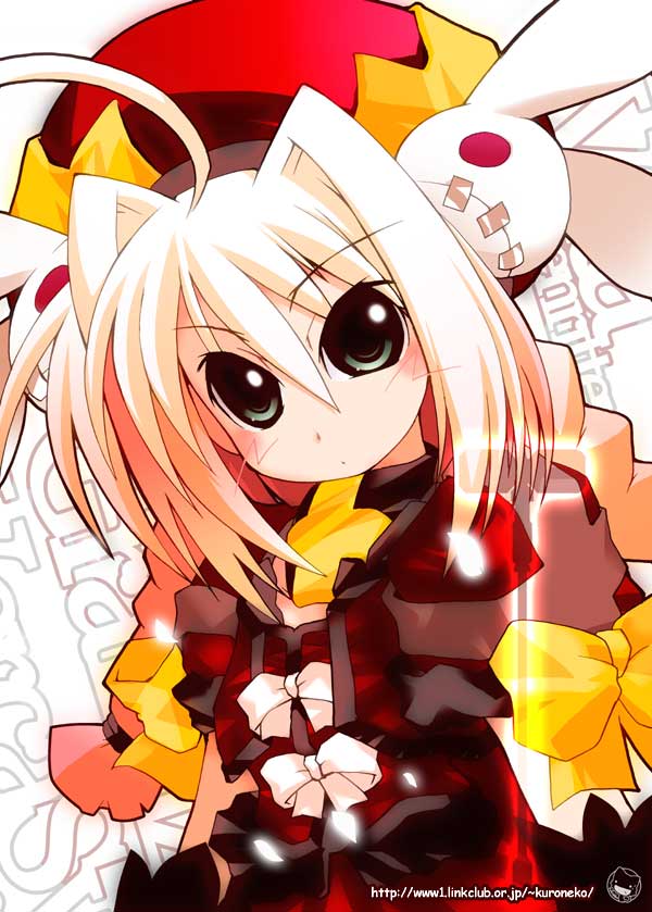 vita (nanoha), lyrical nanoha, mahou shoujo lyrical nanoha, mahou shoujo lyrical nanoha a's, 00s, 1girl, ahoge, beret, blonde hair, blue eyes, blush, bow, cross, cross print, dress, female focus, frills, hair ornament, hat, long sleeves, looking at viewer, rabbit hair ornament, red dress, solo, tareme, upper body, white bow