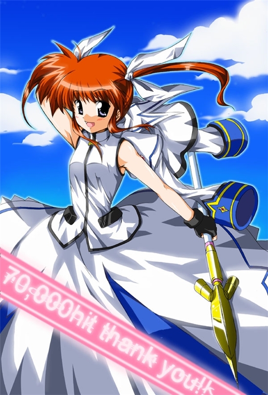 raising heart, takamachi nanoha, lyrical nanoha, mahou shoujo lyrical nanoha, mahou shoujo lyrical nanoha a's, mahou shoujo lyrical nanoha strikers, 00s, 1girl, female focus, fingerless gloves, gloves, jacket, jacket over shoulder, magical girl, milestone celebration, purple eyes, red hair, solo, thank you, twintails, unworn jacket