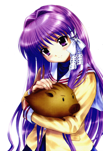 goto p, botan (clannad), fujibayashi kyou, clannad, 00s, 1girl, female focus, long hair, purple eyes, purple hair, school uniform, serafuku, solo