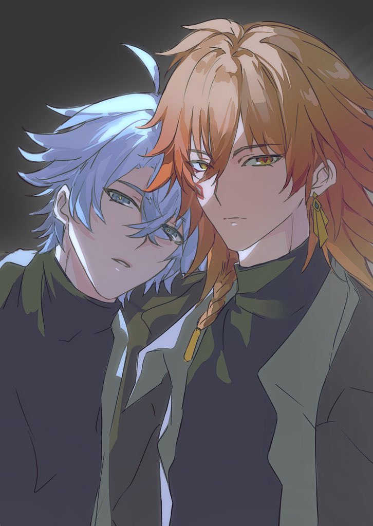 yanyuwanyyw, mydei (honkai: star rail), phainon (honkai: star rail), honkai: star rail, honkai (series), 2boys, alternate costume, black sweater, blue eyes, braid, closed mouth, crossed bangs, earrings, grey background, grey hair, grey jacket, hair between eyes, jacket, jewelry, looking at viewer, male focus, medium hair, multiple boys, open clothes, open jacket, orange eyes, orange hair, parted bangs, side braid, single braid, sweater, upper body, yellow pupils