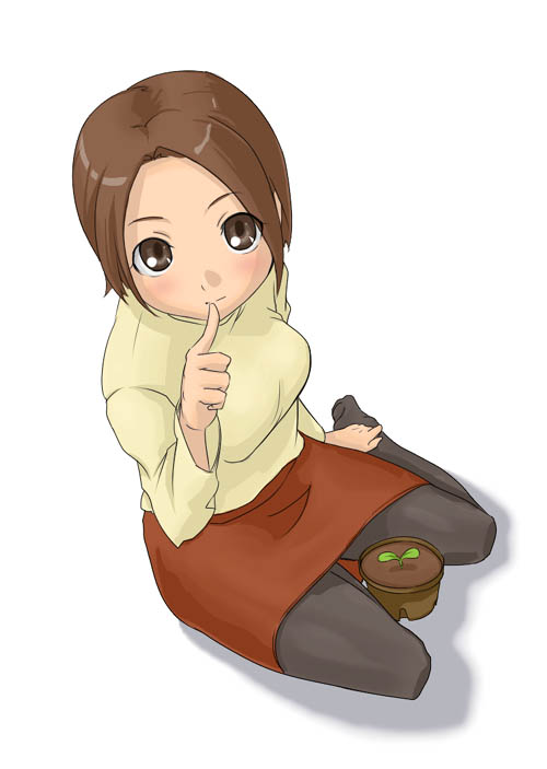 futaba administrator, futaba channel, 1girl, brown eyes, brown hair, female focus, kneeling, pantyhose, short hair, solo