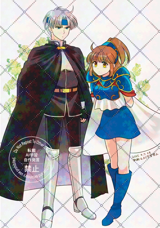 hayouzyu, arle nadja, schezo wegey, puyopuyo, adversarial noise, 1boy, 1girl, ahoge, armor, armored boots, arms at sides, arms behind back, belt, belt buckle, black cape, black pants, black shirt, blue armor, blue boots, blue headband, blue skirt, boots, breastplate, brown belt, brown hair, buckle, cape, dated, full body, grey hair, half updo, headband, pants, parted bangs, pauldrons, shirt, short hair, shoulder armor, simple background, skirt, watermark, white background, white cape, white shirt, yellow eyes