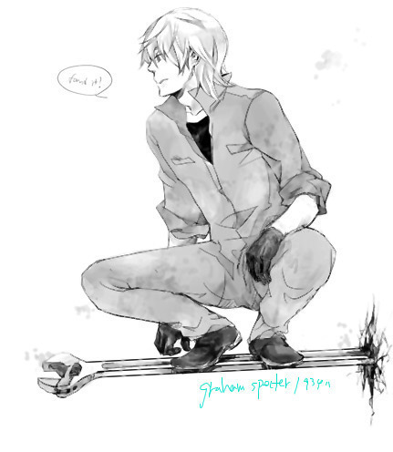graham specter, baccano!, lowres, 00s, 1boy, formal clothes, full body, gloves, greyscale, looking to the side, male focus, monochrome, profile, simple background, solo, speech bubble, squatting, suit, talking, text focus, white background