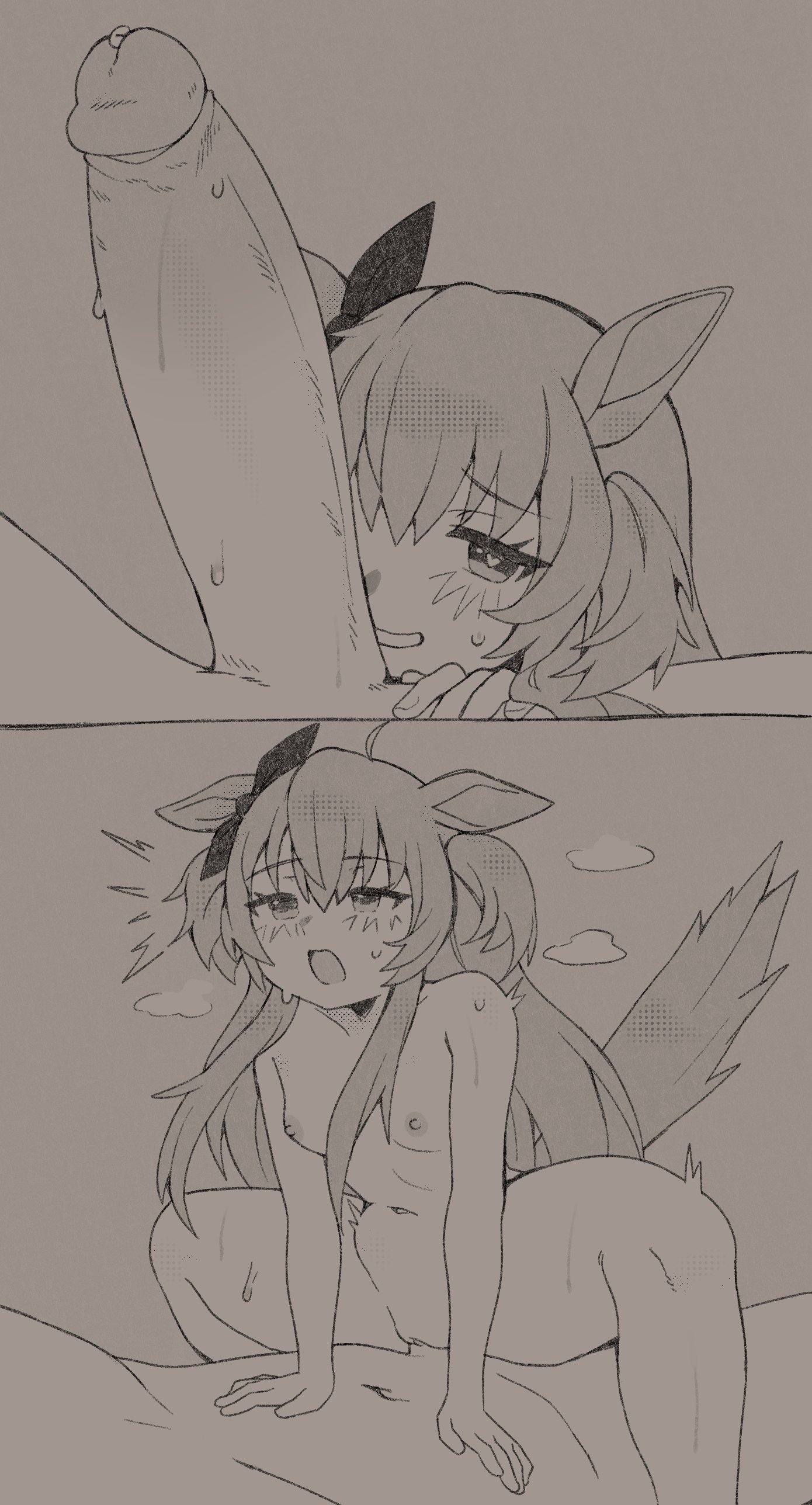 oniyanna, mayano top gun (umamusume), umamusume, absurdres, highres, 1boy, 1girl, animal ears, bow, breasts, ear ribbon, greyscale, heart, heart-shaped pupils, horse ears, horse girl, horse tail, huge penis, long hair, monochrome, multiple views, nude, penis, sex, small breasts, symbol-shaped pupils, tail, tail raised, two side up, vaginal