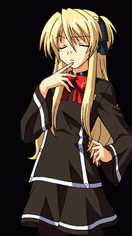 shalon, quiz magic academy, animated, animated gif, game cg, lowres, 1girl, black background, black pantyhose, blonde hair, blush, covering breasts, covering privates, cowboy shot, embarrassed, female focus, long hair, pantyhose, school uniform, serafuku, simple background, solo, tsundere, twintails, two side up