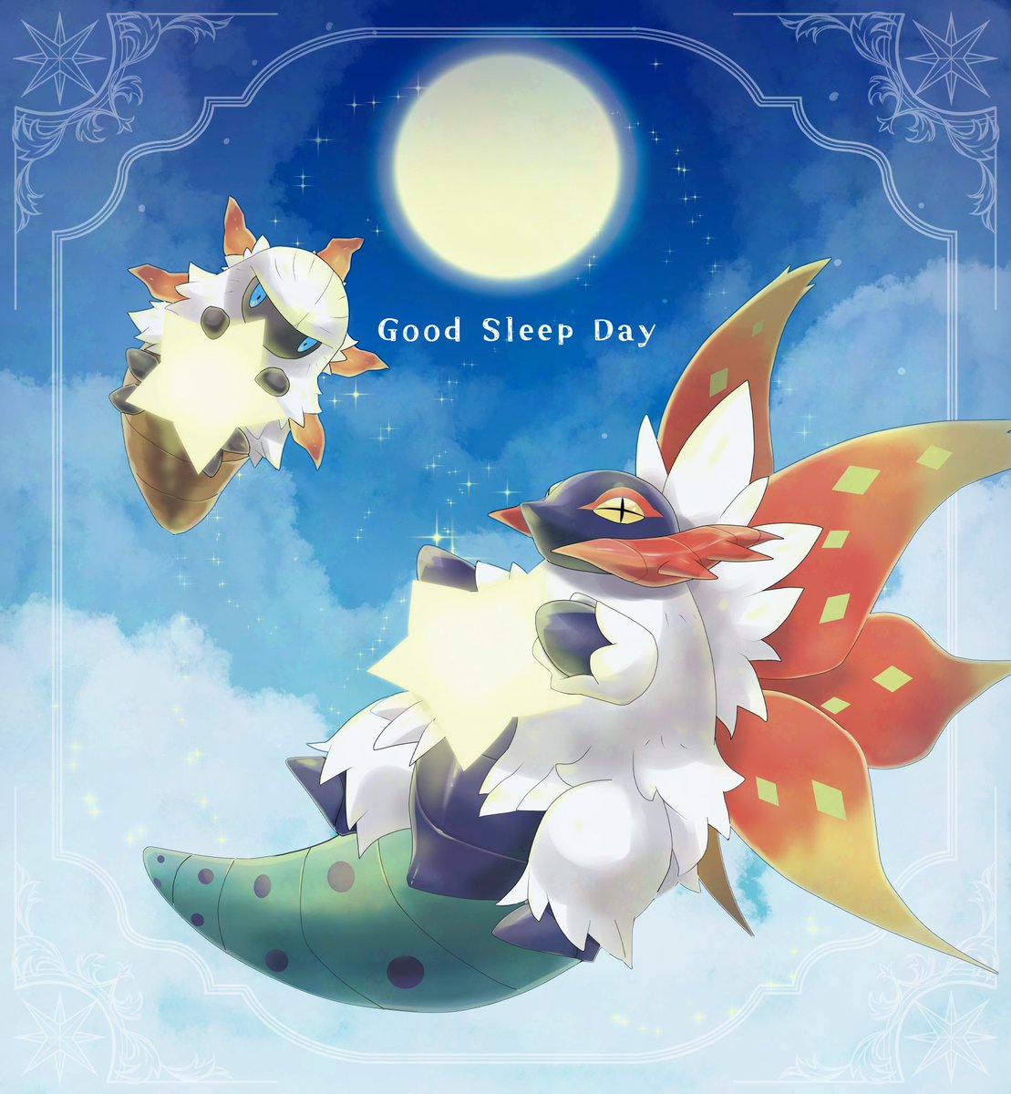 mofu (pk3566), larvesta, volcarona, nintendo, pokemon, highres, 2others, blue eyes, border, bug, cloud, english text, evolutionary line, flying, gen 5 pokemon, holding, holding star, insect, moon, moth, multiple others, night, night sky, ornate border, pokemon (creature), pokemon focus, sky, star (sky), star (symbol), starry sky, yellow eyes