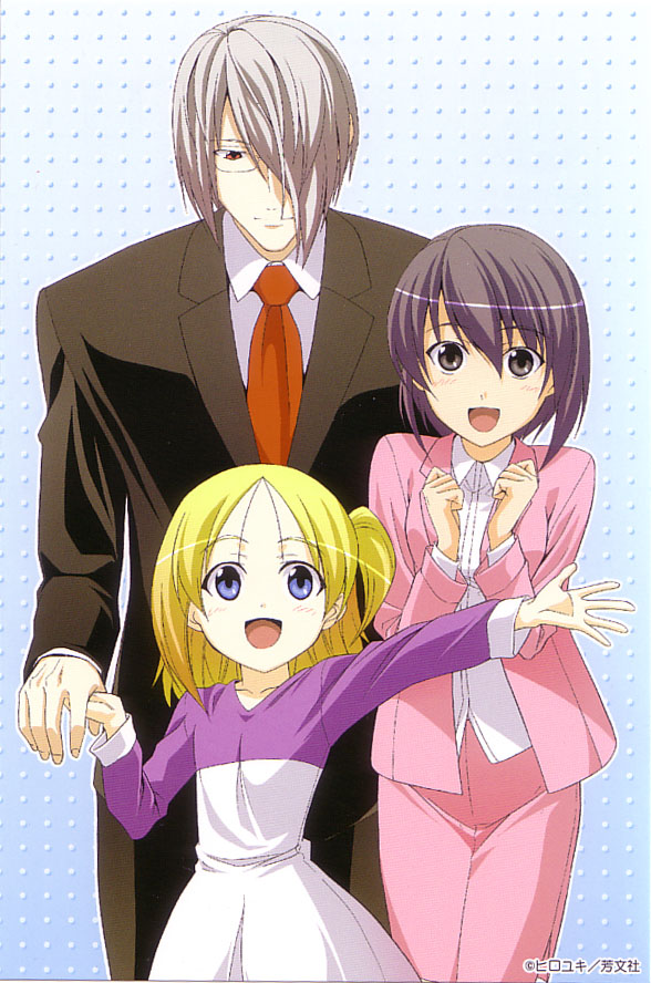 hiroyuki, justice (doujin work), kitano sora, nitou kaneru, doujin work, 00s, 1boy, 2girls, blonde hair, blue background, blue eyes, brown eyes, brown hair, glasses, gradient background, multiple girls, open mouth, polka dot, polka dot background, red eyes, side ponytail, smile, tareme
