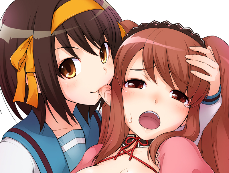 ha-ru, asahina mikuru, suzumiya haruhi, suzumiya haruhi no yuuutsu, biting ear, 00s, 2girls, biting, blush, breasts, brown hair, corset, hairband, long hair, medium breasts, mole, mole on breast, multiple girls, official alternate hairstyle, portrait, school uniform, serafuku, short hair, sweat, tears, waitress, yuri