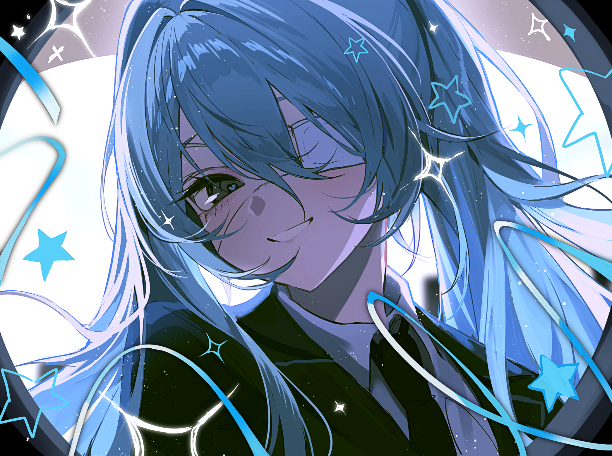 ggatip, hatsune miku, monitoring (vocaloid), vocaloid, highres, 1girl, aqua hair, black jacket, black necktie, collared shirt, eyepatch, grey eyes, hair between eyes, heart, heart in eye, jacket, long hair, necktie, open mouth, shirt, smile, solo, symbol in eye, twintails, very long hair, white shirt