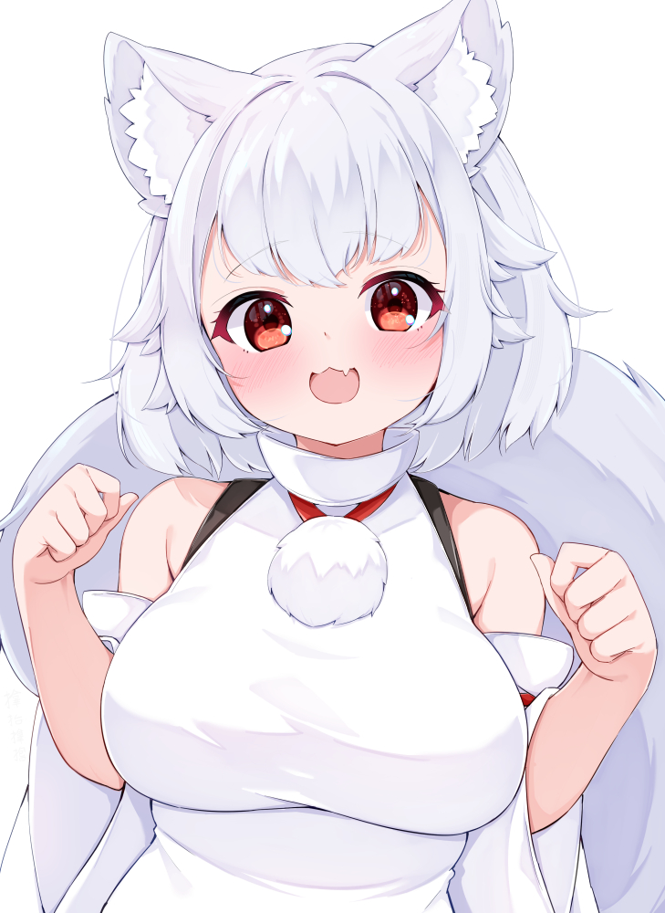rururiaru, inubashiri momiji, touhou, commentary, 1girl, :3, :d, animal ear fluff, animal ears, bare shoulders, blush, breasts, detached sleeves, fang, hands up, large breasts, long sleeves, looking at viewer, open mouth, red eyes, shirt, short hair, simple background, skin fang, sleeveless, sleeveless shirt, smile, solo, tail, upper body, white background, white hair, white shirt, white sleeves, wide sleeves, wolf ears, wolf girl, wolf tail