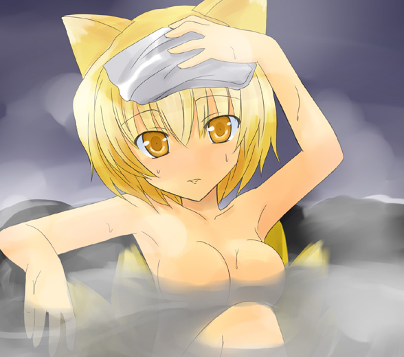 yakumo ran, touhou, 1girl, animal ears, bad anatomy, blonde hair, completely nude, female focus, nude, onsen, poorly drawn, solo, tail, towel, wet
