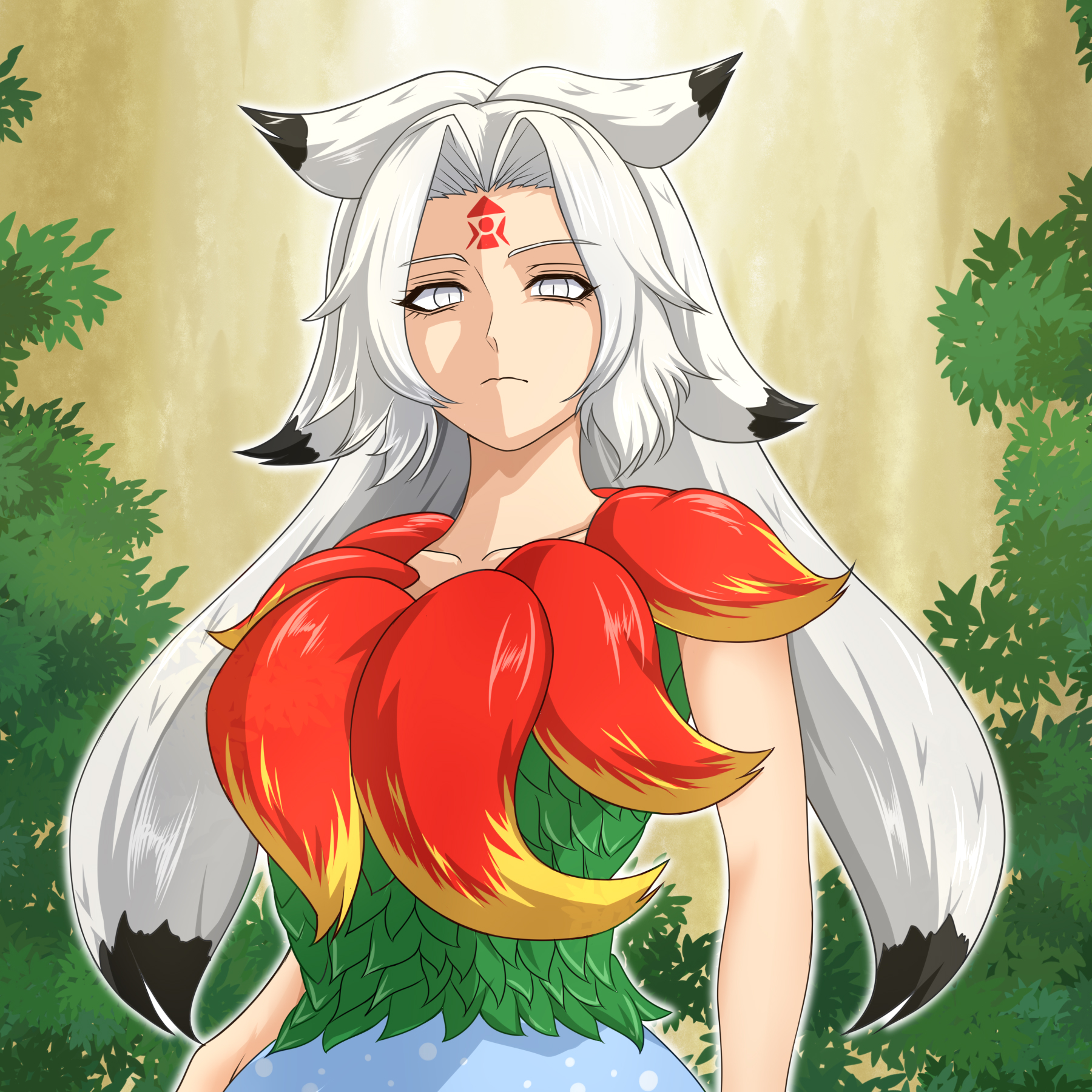 hidaruma, houjuu chimi, fossilized wonders, touhou, highres, 1girl, black hair, blue skirt, capelet, closed mouth, collarbone, colored tips, cowboy shot, dress, facial mark, forehead mark, forest, green leaf, leaf clothing, leaf shirt, long hair, looking at viewer, multicolored hair, nature, shirt, skirt, sleeveless, sleeveless shirt, solo, standing, torn capelet, torn clothes, white eyes, white hair, yellow background