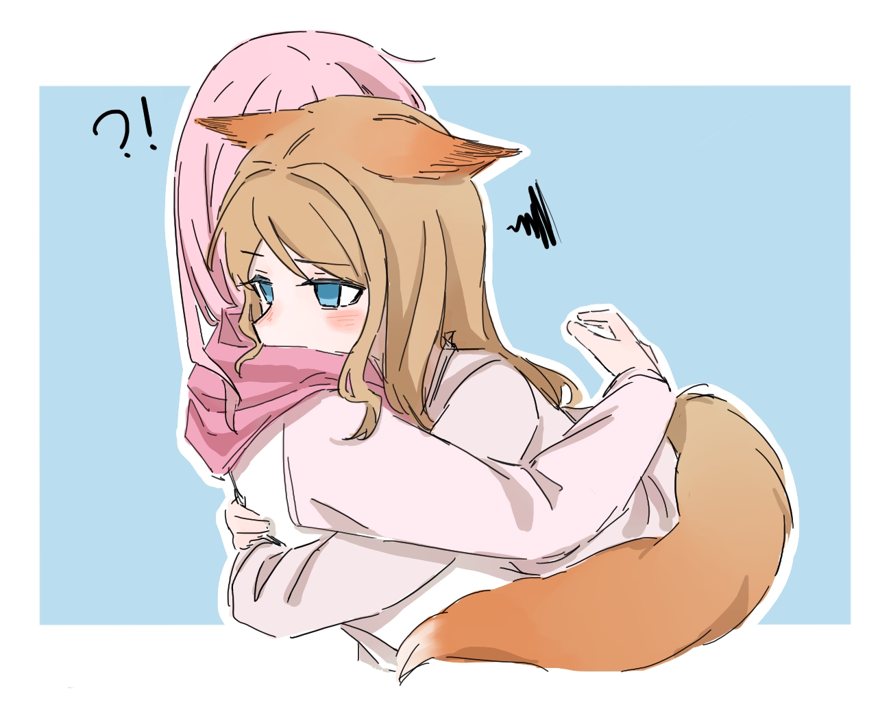 chihaya anon, nagasaki soyo, bang dream!, bang dream! it's mygo!!!!!, commentary, symbol-only commentary, !?, 2girls, animal ears, blue background, blue eyes, blush, border, fox ears, fox girl, fox tail, hood, hoodie, hug, kemonomimi mode, kui ckuqiz, long hair, multiple girls, outline, pink hair, pink hoodie, simple background, squiggle, tail, white border, white outline, yuri