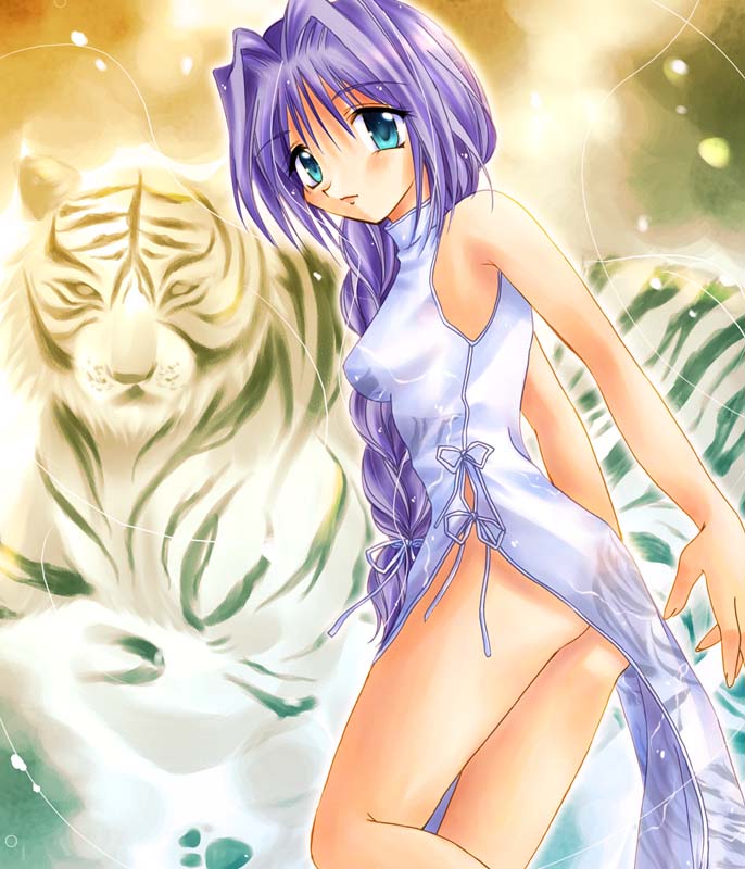 asahina erika, minase akiko, kanon, 1girl, bare shoulders, blue hair, braid, china dress, chinese clothes, dress, female focus, hair intakes, solo, tiger