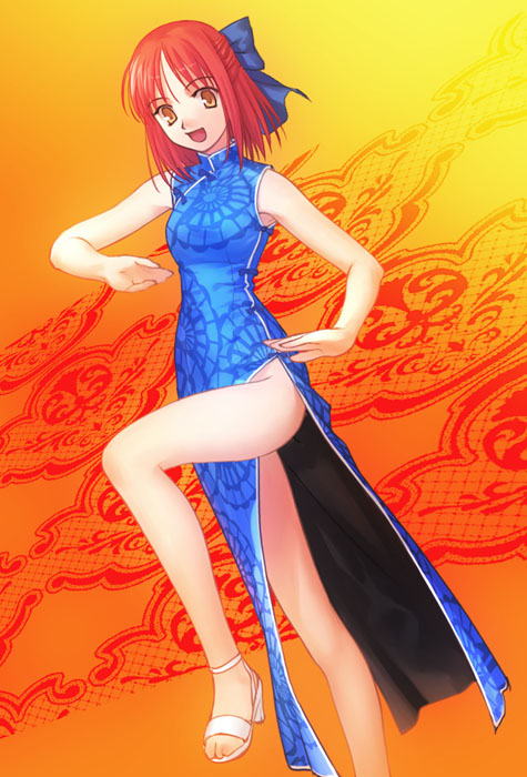 koyama hirokazu, kohaku (tsukihime), mr. chin, tsukihime, 00s, 1girl, blue dress, china dress, chinese clothes, dress, female focus, gradient background, leg up, legs, no panties, red hair, simple background, sleeveless, solo