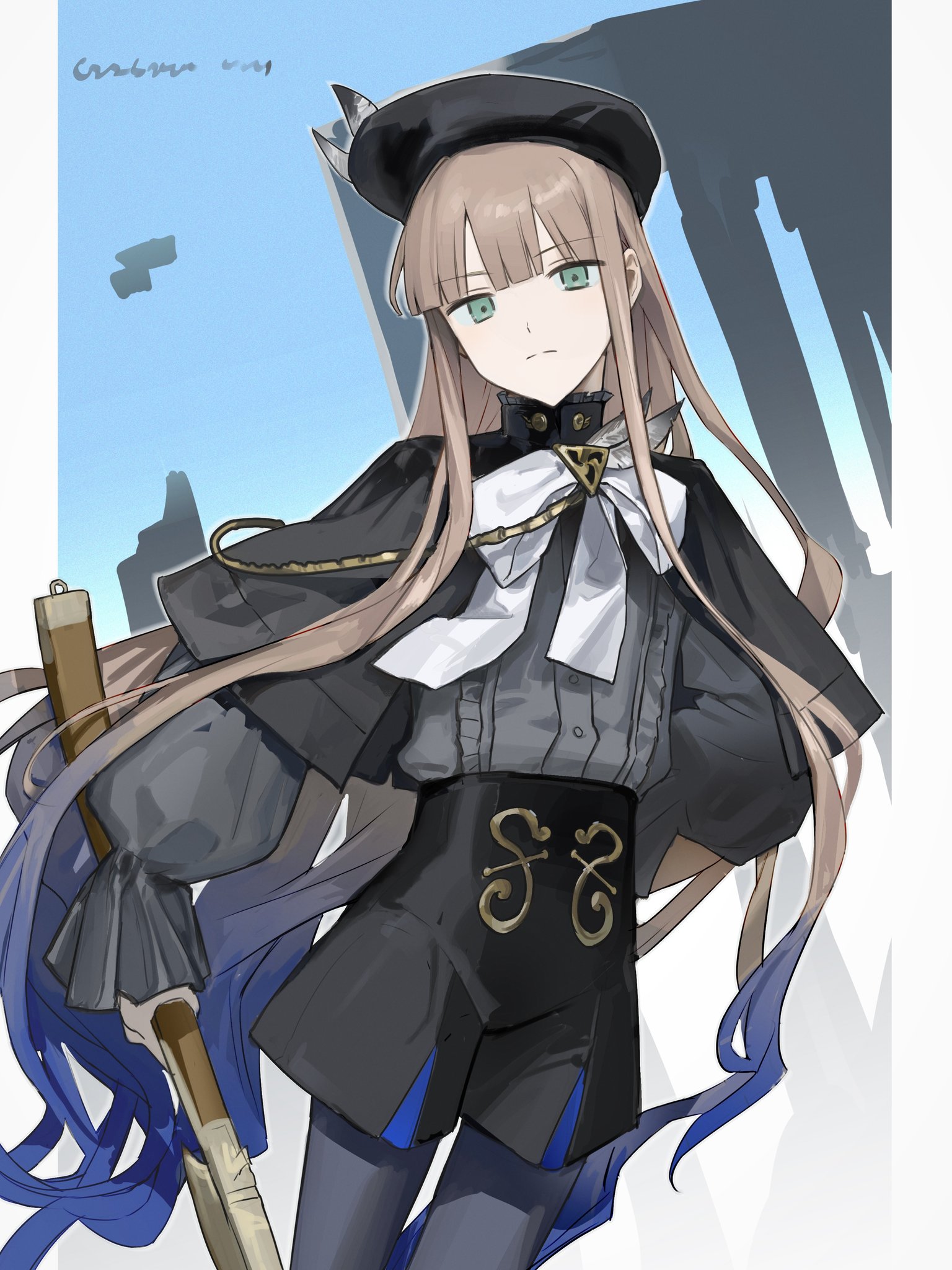 goose s letter, noah (fate), fate/grand order, fate (series), highres, 1boy, beret, black capelet, black hat, black shorts, blue hair, bow, bowtie, brown hair, capelet, closed mouth, cowboy shot, frilled sleeves, frills, frown, green eyes, grey pantyhose, grey shirt, gun, hat, hat feather, high-waist shorts, holding, holding gun, holding weapon, long hair, long sidelocks, long sleeves, male focus, noah (second ascension) (fate/grand order), pantyhose, puffy sleeves, shirt, shorts, sidelocks, solo, very long sidelocks, weapon, white bow