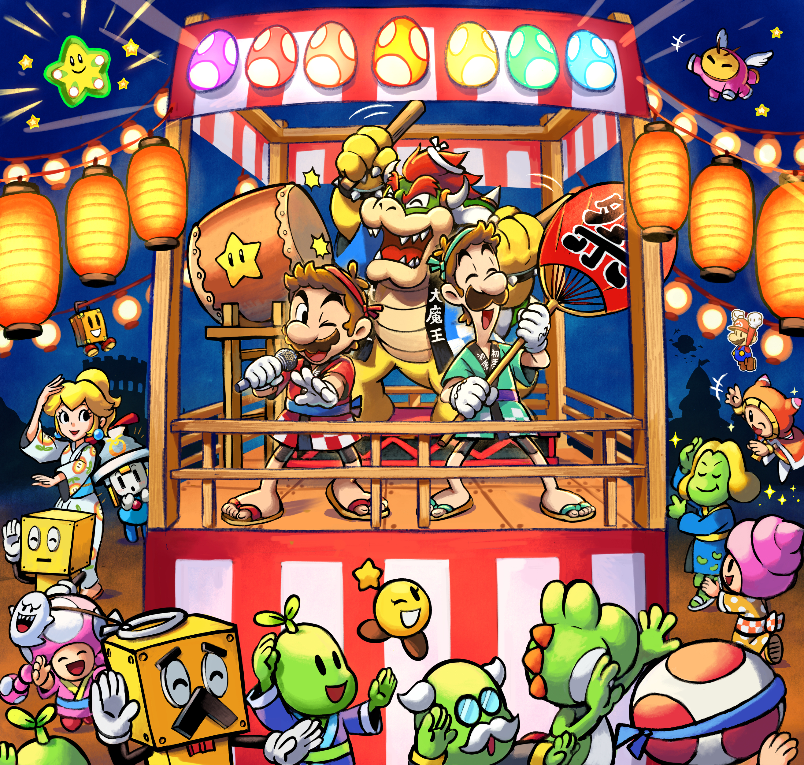 yamari (ya mari 6363), beanish (mario), boo (mario), bowser, broque monsieur, connie (mario), luigi, mario, paper mario (character), prince dreambert, prince peasley, princess peach, princess peach (yukata) (super mario odyssey), red toad (mario), snoutlet (mario), starlow, stuffwell, super star (mario), toad (mario), toadette, yoshi, mario & luigi: bowser's inside story, mario & luigi: brothership, mario & luigi: paper jam, mario & luigi: partners in time, mario & luigi: superstar saga, mario & luigi rpg, mario (series), nintendo, super mario odyssey, absurdres, clothing request, highres, 3girls, 6+boys, alternate costume, beanstar, blonde hair, bracelet, brock (mario), brothers, brown hair, closed eyes, colored skin, drum, earrings, egg, everyone, facial hair, fava (mario), festival, glasses, gloves, green skin, holding, holding microphone, horns, instrument, japanese clothes, jewelry, kimono, lantern, long hair, masanori sato (style), mask, microphone, multiple boys, multiple girls, mustache, night, one eye closed, open mouth, outdoors, paper lantern, ponytail, print kimono, red hair, round eyewear, sandals, short hair, siblings, sphere earrings, spiked bracelet, spikes, white gloves, white hair, white kimono, yoshi egg