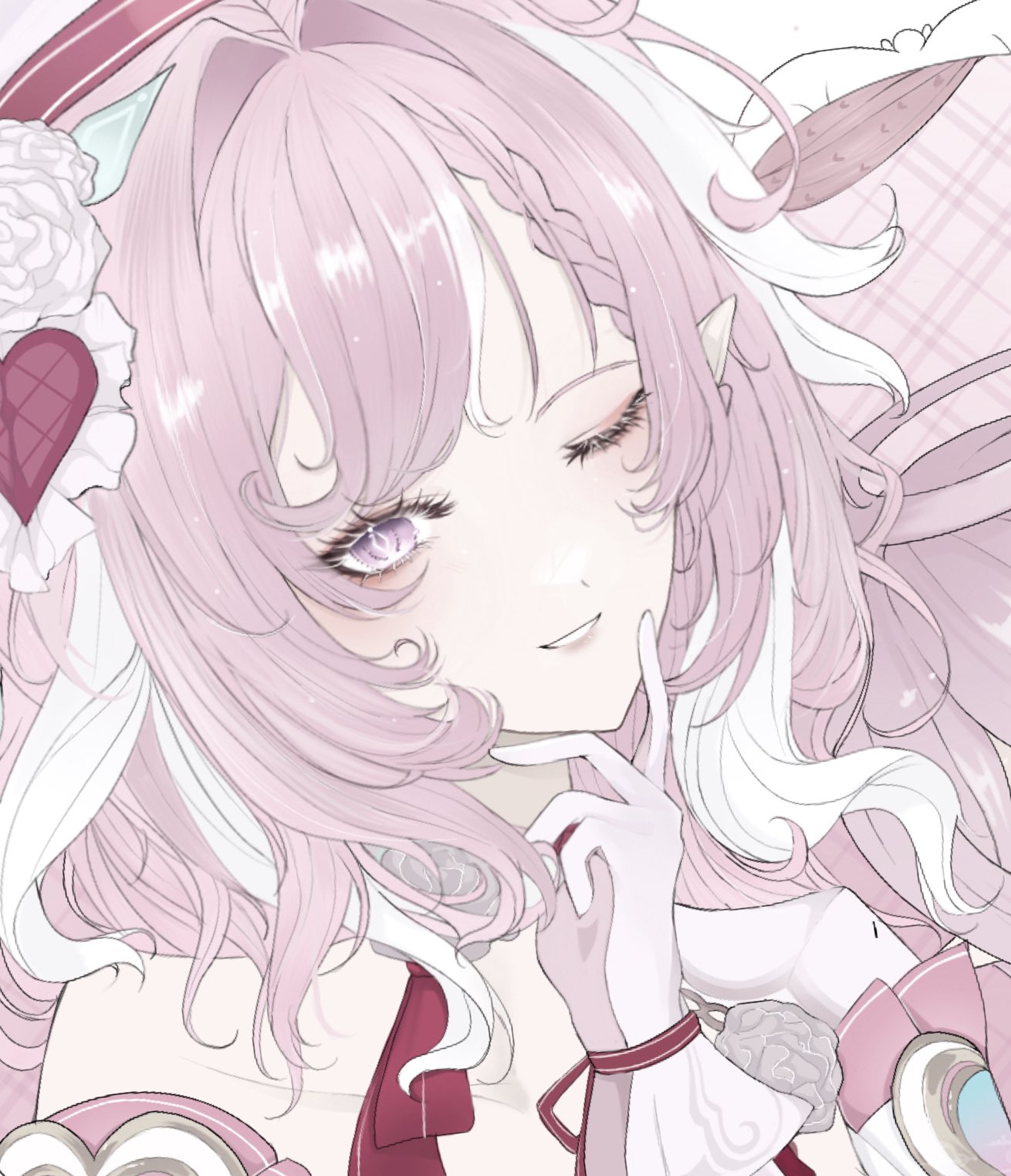 elysia (honkai impact), honkai (series), honkai impact 3rd, commentary, english commentary, highres, 1girl, ;), bare shoulders, beret, diamond-shaped pupils, diamond (shape), elf, elysia (hi elf of love) (honkai impact), fallenssariel, gloves, hat, long hair, multicolored hair, one eye closed, parted lips, pink hair, pointy ears, purple eyes, smile, solo, symbol-shaped pupils, two-tone hair, upper body, very long hair, white gloves, white hair