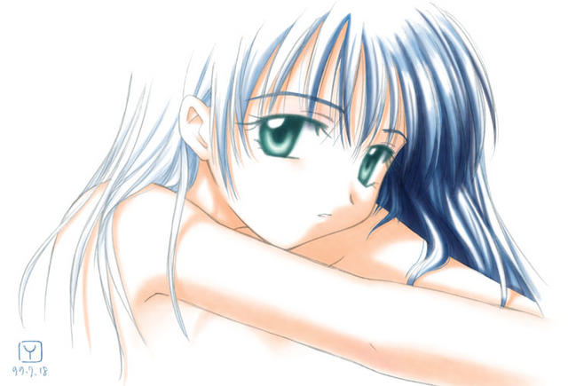 1girl, blue hair, female focus, green eyes, long hair, nude, signature, solo