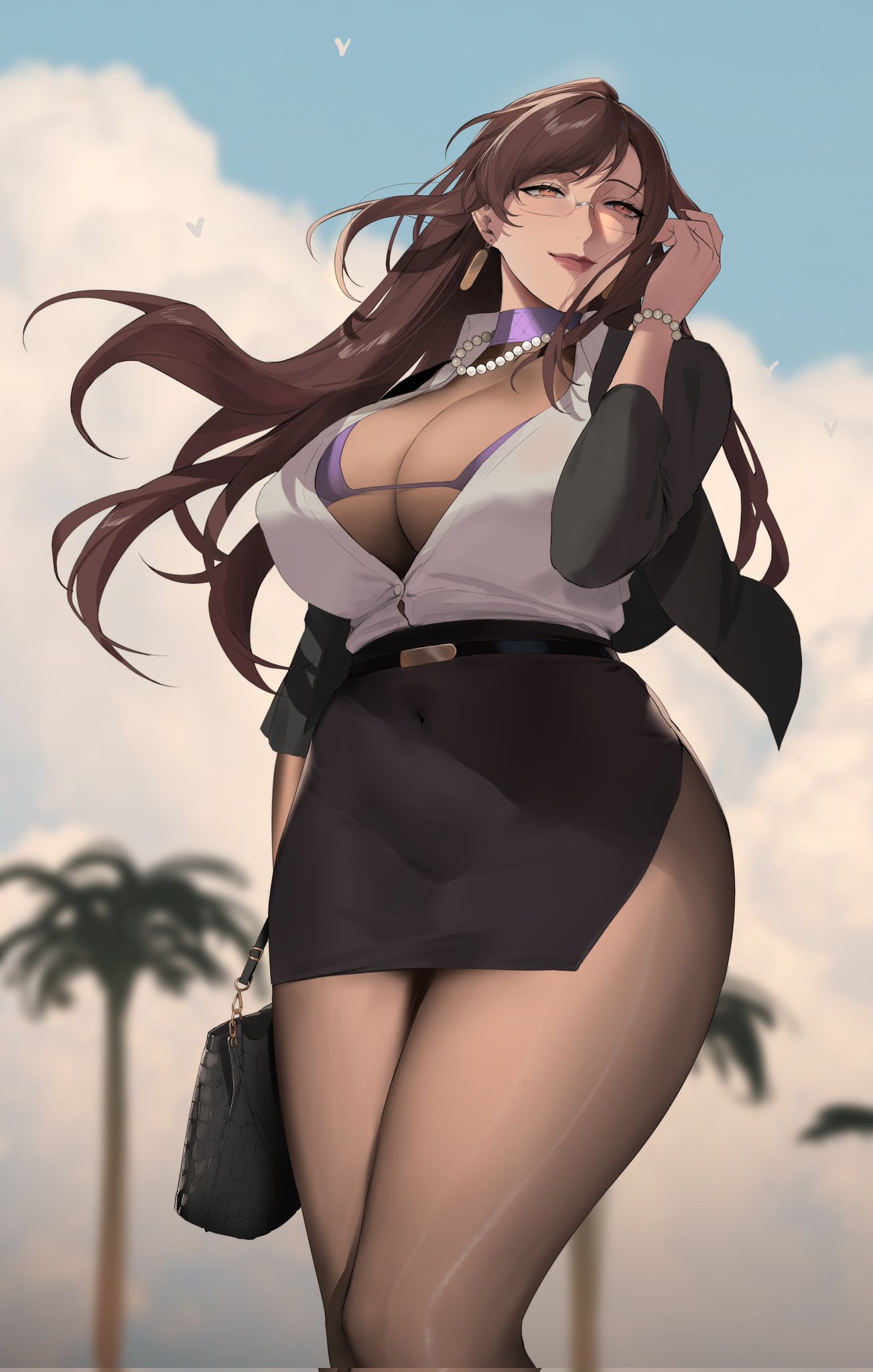 alios arvin, original, commentary, english commentary, highres, 1girl, adjusting hair, arm at side, arm behind back, bird, black jacket, black pantyhose, black skirt, black sleeves, bra, bracelet, breasts, brown hair, cleavage, closed mouth, cloud, earrings, floating hair, forehead, glasses, huge breasts, jacket, jewelry, legs together, long hair, long sleeves, mature female, necklace, open mouth, orange eyes, outdoors, palm tree, pantyhose, parted bangs, pearl bracelet, pearl necklace, purple bra, shadow, skirt, sky, smile, solo, thick thighs, thighs, tree, underwear