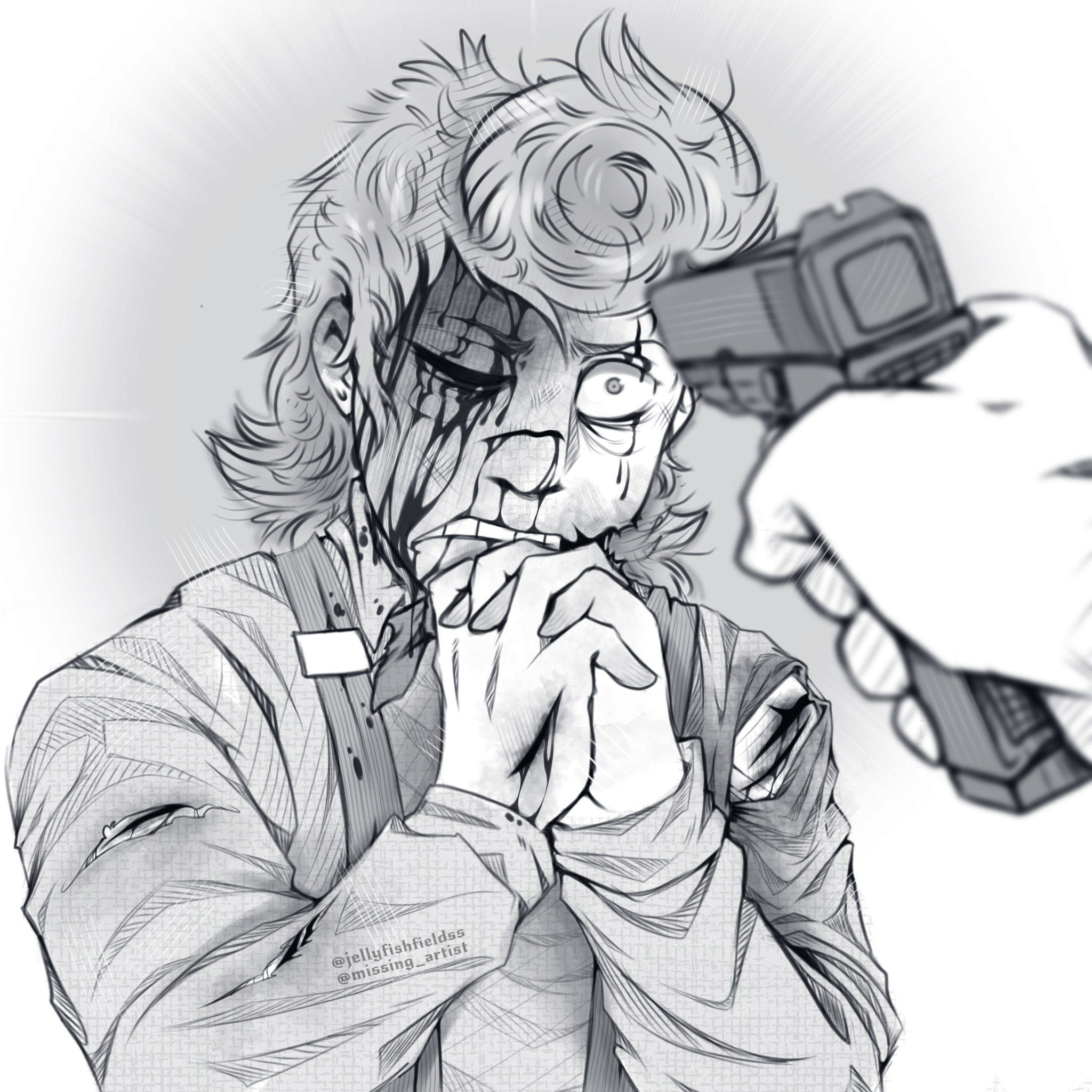commentary, commission, english commentary, highres, 1boy, artist name, begging, blood, blood on face, bloodmoney, blurry, blurry foreground, constricted pupils, gouged eye, gun, harvey harman harvington, holding, holding gun, holding weapon, imminent death, injury, jellyfishfieldss, male focus, medium hair, monochrome, own hands together, pompadour, pov, scared, shirt, sketch, torn clothes, upper body, weapon
