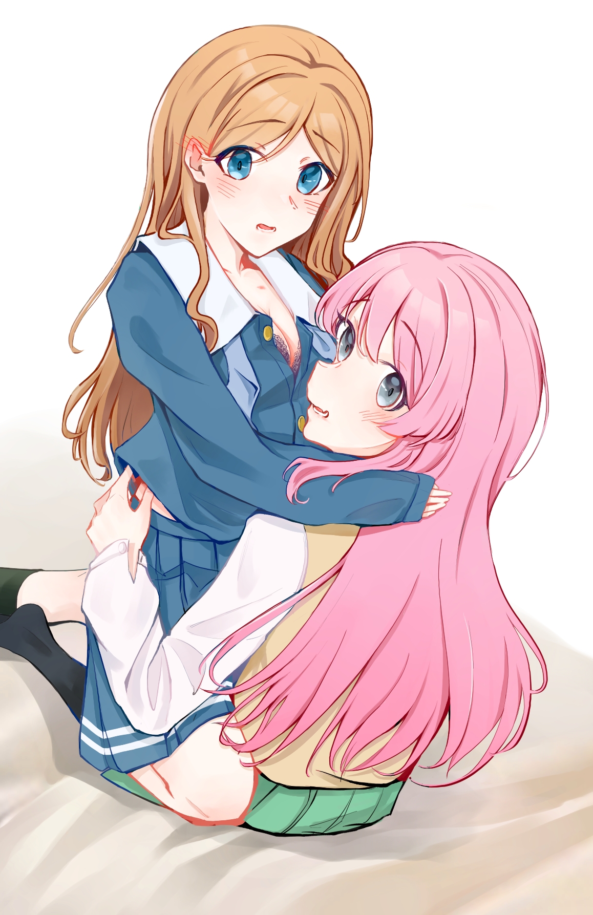 chihaya anon, nagasaki soyo, bang dream!, bang dream! it's mygo!!!!!, commentary request, highres, 2girls, blue eyes, blue shirt, blue skirt, blush, breasts, brown hair, caught, cleavage, ear blush, fang, green skirt, grey eyes, hand on another's waist, haneoka school uniform, hickey, kui ckuqiz, long hair, long sleeves, looking at viewer, medium breasts, multiple girls, pink hair, school uniform, shirt, sitting, sitting on lap, sitting on person, skin fang, skirt, sleeves past wrists, sweater, tsukinomori school uniform, white shirt, yellow sweater, yuri