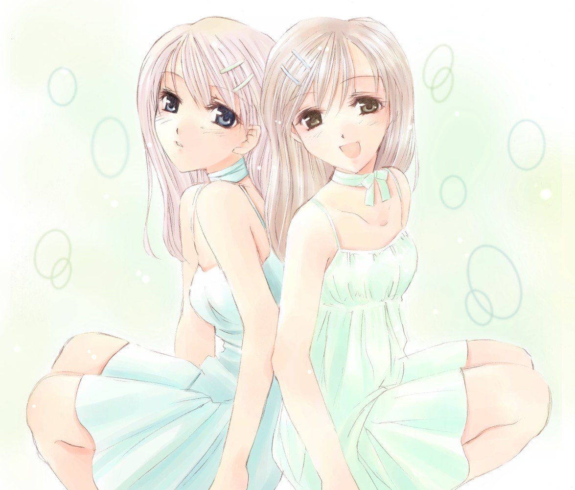 naruse chisato, 2girls, back-to-back, blue eyes, brown eyes, brown hair, choker, dress, hair ornament, hairclip, long hair, multiple girls, open mouth, ribbon, ribbon choker, siblings, sisters, smile, sundress, twins