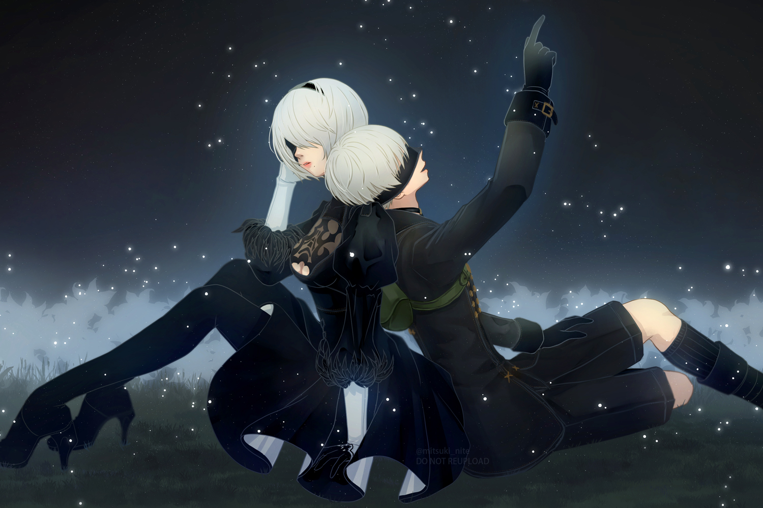 mitsuki nite, 2b (nier:automata), 9s (nier:automata), nier:automata, nier (series), commentary, 1boy, 1girl, arm support, arm up, back-to-back, black boots, black dress, black gloves, black hairband, black jacket, black shorts, black socks, blindfold, boots, breasts, cleavage cutout, clothing cutout, covered eyes, dress, fanny pack, feather-trimmed sleeves, from side, gloves, grass, grey hair, hairband, hand on own head, head on another's shoulder, head rest, high heels, jacket, juliet sleeves, kneehighs, long sleeves, medium breasts, mole, mole under mouth, night, open mouth, pointing, puffy sleeves, short hair, shorts, sitting, socks, star (sky), thigh boots, twitter username