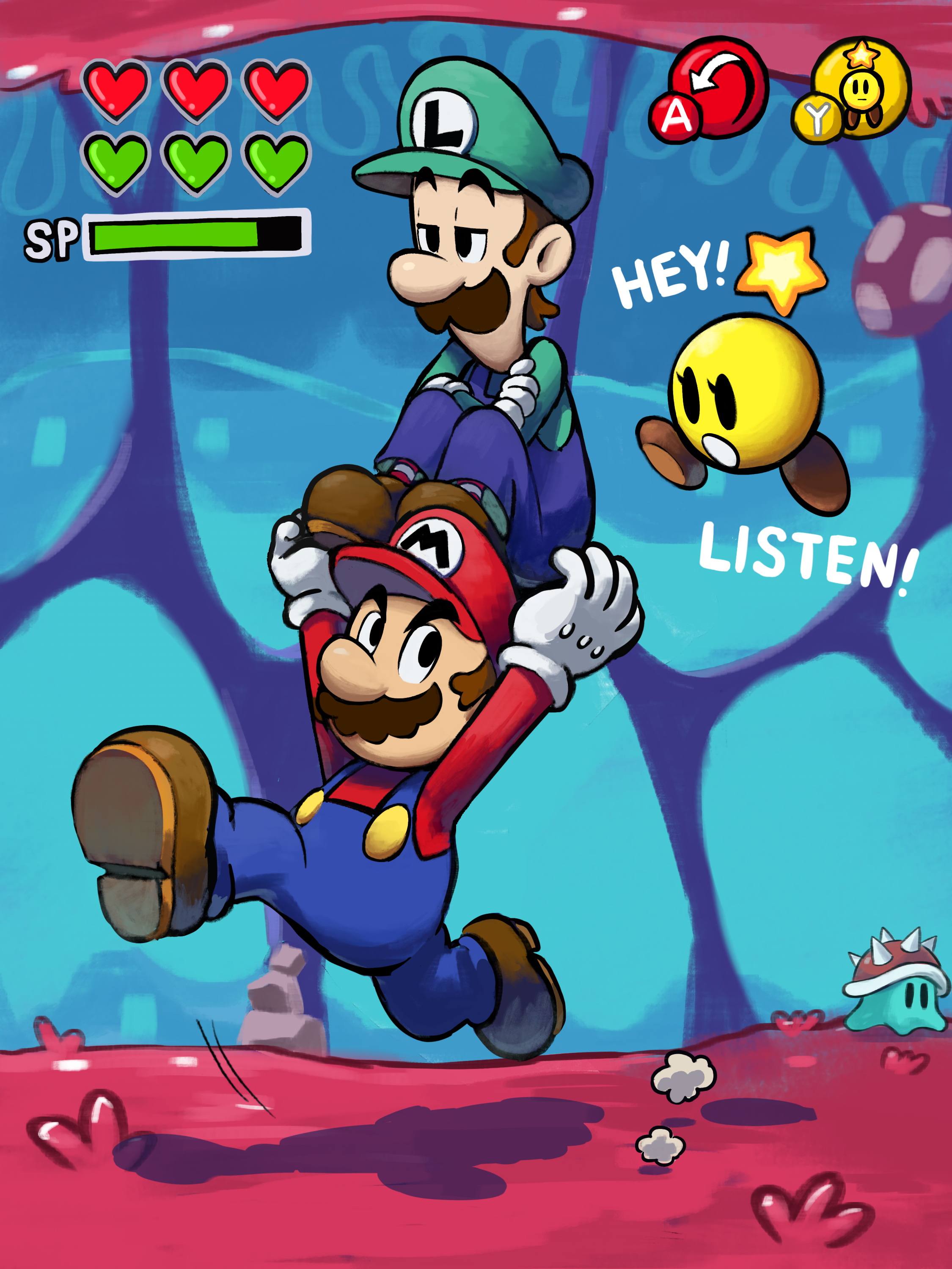 yamari (ya mari 6363), luigi, mario, spike blop, starlow, mario & luigi: bowser's inside story, mario & luigi rpg, mario (series), nintendo, the legend of zelda, the legend of zelda: ocarina of time, absurdres, highres, 1girl, 2boys, arms up, black eyes, blue overalls, boots, brown boots, carrying, english text, facial hair, gloves, green hat, hat, health bar, heart, long sleeves, male focus, masanori sato (style), multiple boys, mustache, newsboy cap, open mouth, overalls, parody, red hat, socks, star (symbol), striped clothes, striped socks, white gloves