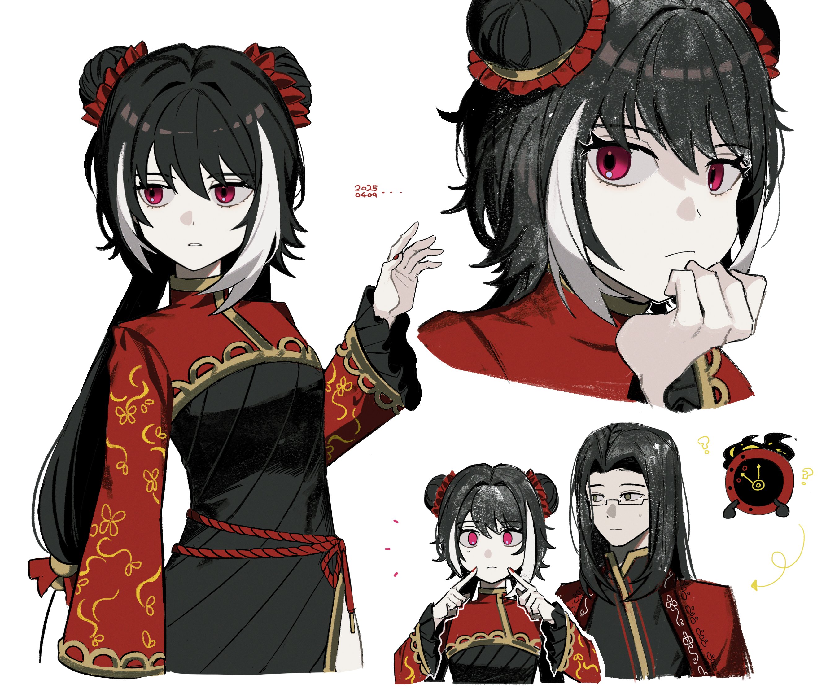 asdf1211950, dante (limbus company), jia xichun (project moon), limbus company, project moon, highres, 1girl, black dress, black hair, chinese clothes, clock, coat, coat on shoulders, double bun, dress, glasses, grey eyes, hair bun, long hair, long sleeves, looking at viewer, multicolored hair, multiple views, pink eyes, red coat, red shrug, rope belt, simple background, solo focus, standing, streaked hair, twintails, upper body, wei (project moon), white background, white streaks