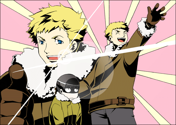machi ojisan, czeslaw meyer, elmer albatross, baccano!, tengen toppa gurren lagann, bad id, bad pixiv id, 2boys, lens flare, male focus, multiple boys, parody, pink background, style parody