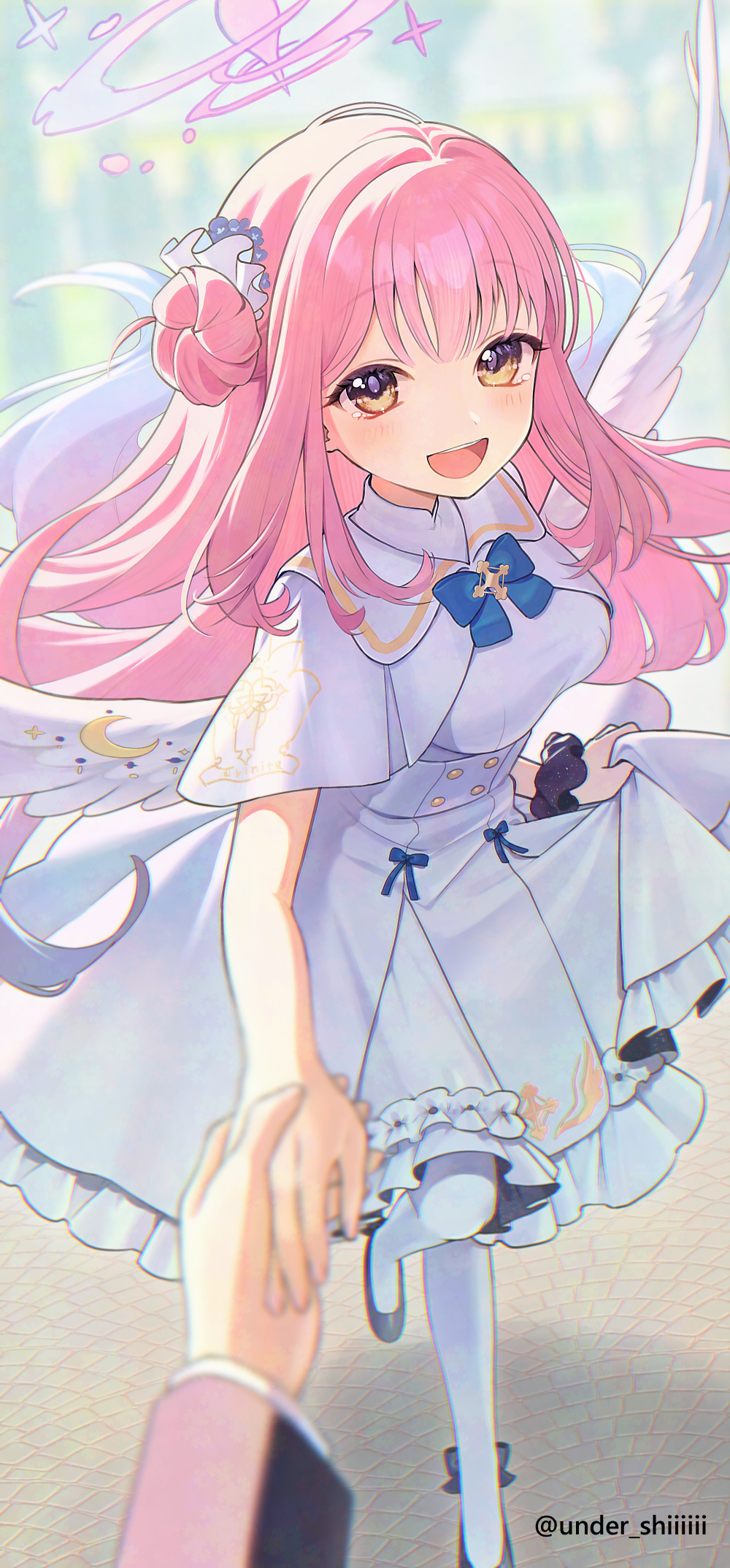 sg (under siiiiii), mika (blue archive), blue archive, highres, 1girl, 1other, angel wings, aqua hair, blush, breasts, capelet, dress, feathered wings, flower, frilled dress, frills, gold trim, gradient hair, hair bun, hair flower, hair ornament, halo, high-waist skirt, high heels, holding, holding hands, long hair, looking at viewer, low wings, medium breasts, multicolored hair, open mouth, pantyhose, pink halo, pumps, scrunchie, single hair bun, single side bun, skirt, smile, underbust, very long hair, white capelet, white dress, white pantyhose, white wings, wing ornament, wings, wrist scrunchie, yellow eyes