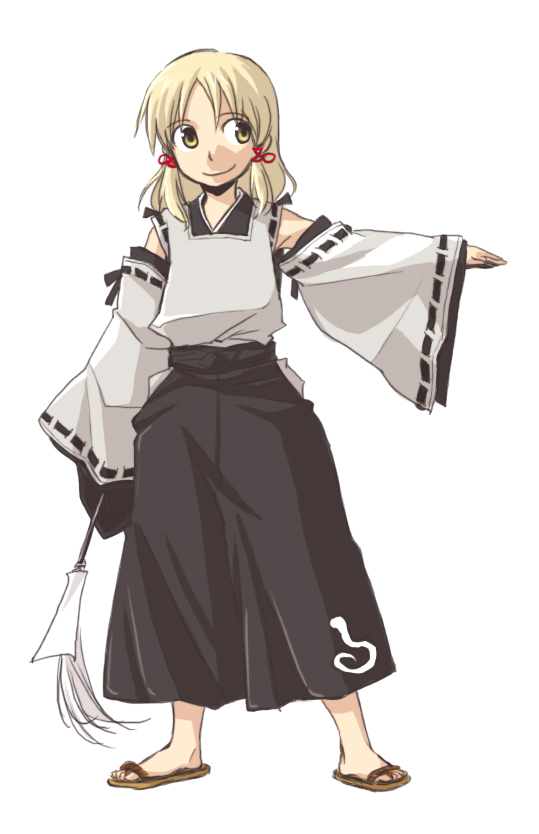 re ghotion, moriya suwako, touhou, 1girl, blonde hair, detached sleeves, female focus, gohei, japanese clothes, outstretched arm, sandals, simple background, solo, zouri